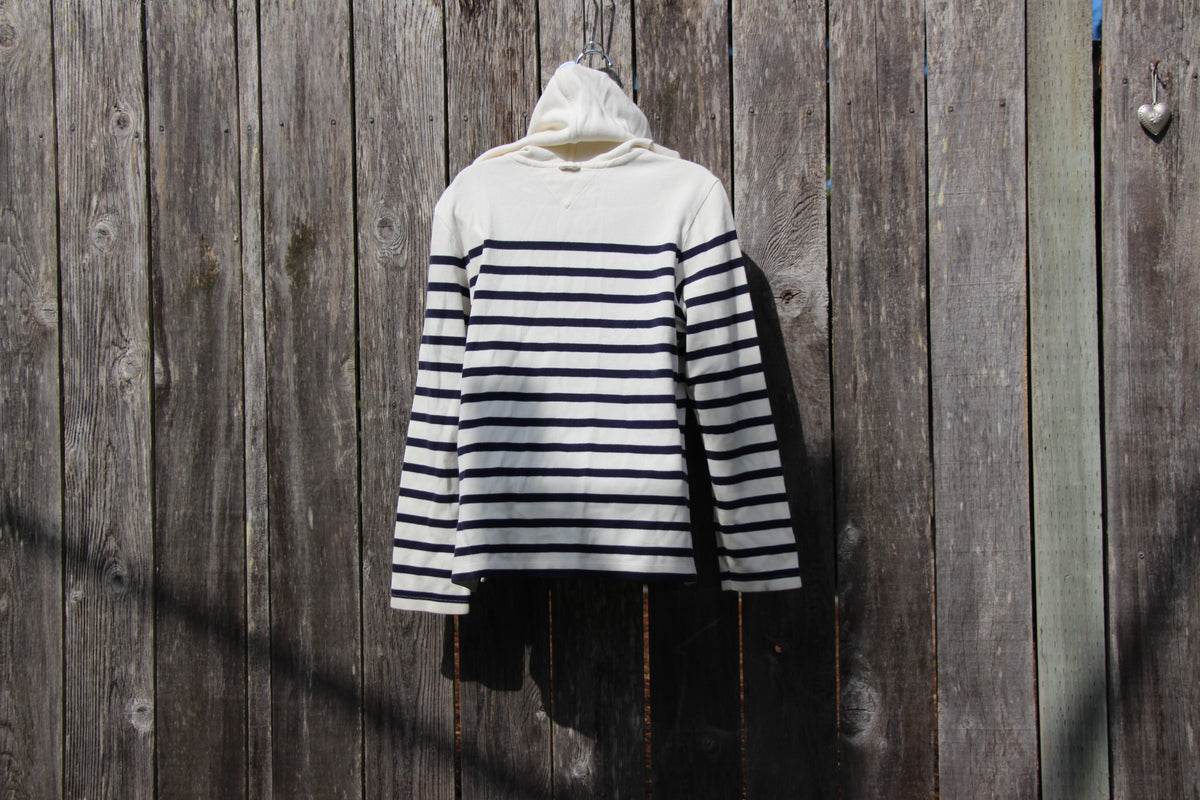 Size L Nautical Style Blue Striped White Hoodie
