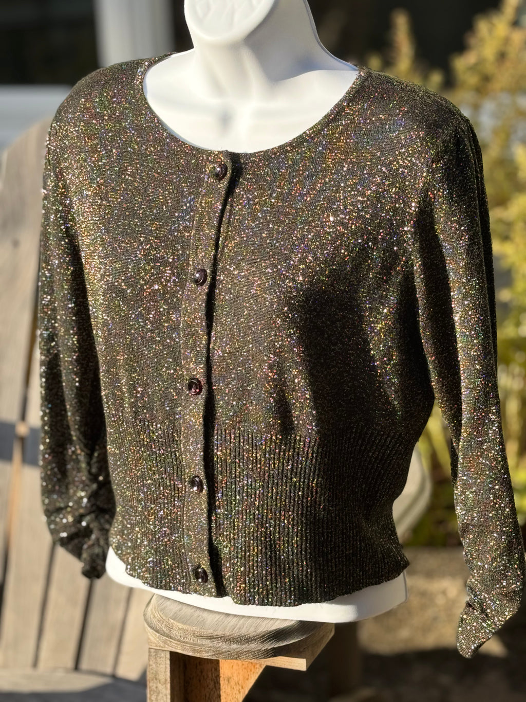 Bianca Nygård Black Cropped Button Up Cardigan with Gold Tinsel- Consigned with VARDO Vintage & Valuables vvvardo.ca