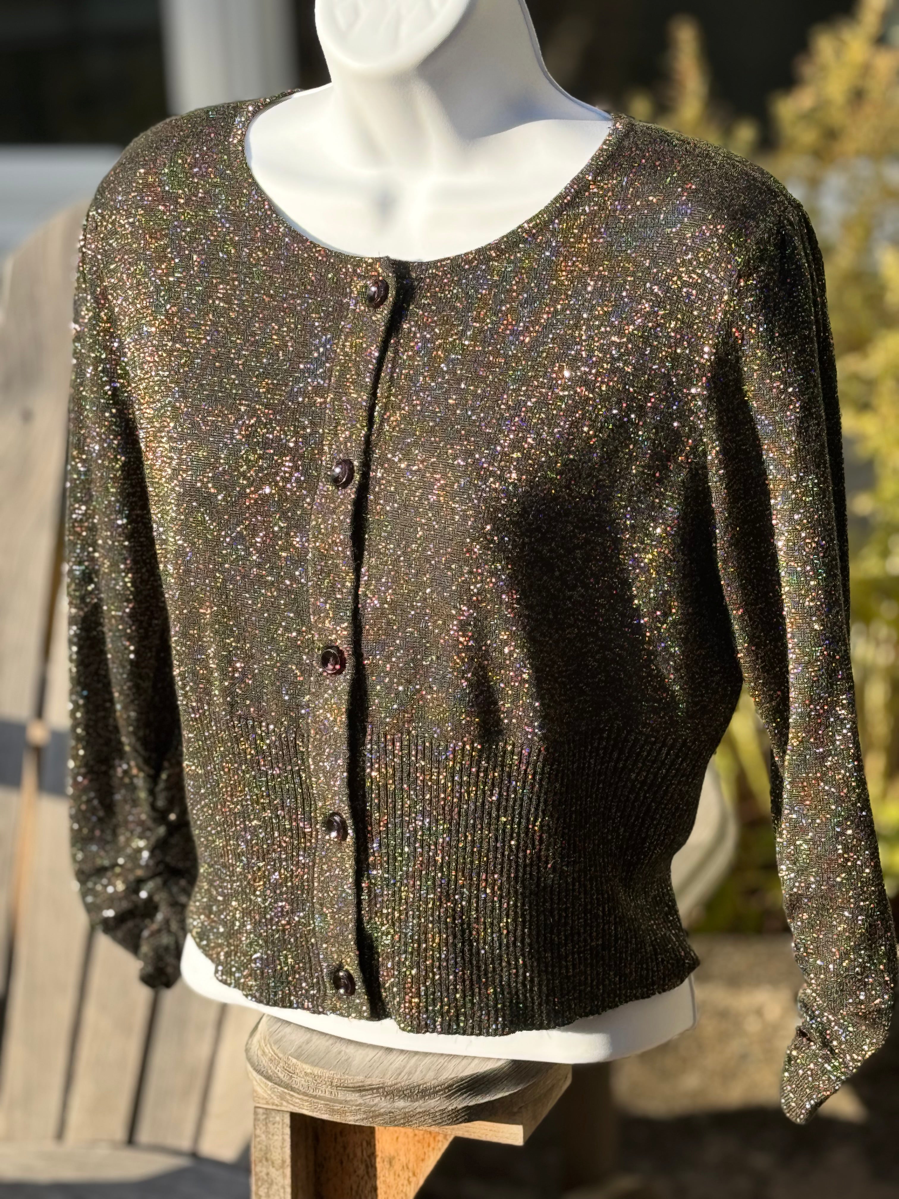 Bianca Nygård Black Cropped Button Up Cardigan with Gold Tinsel- Consigned with VARDO Vintage & Valuables vvvardo.ca