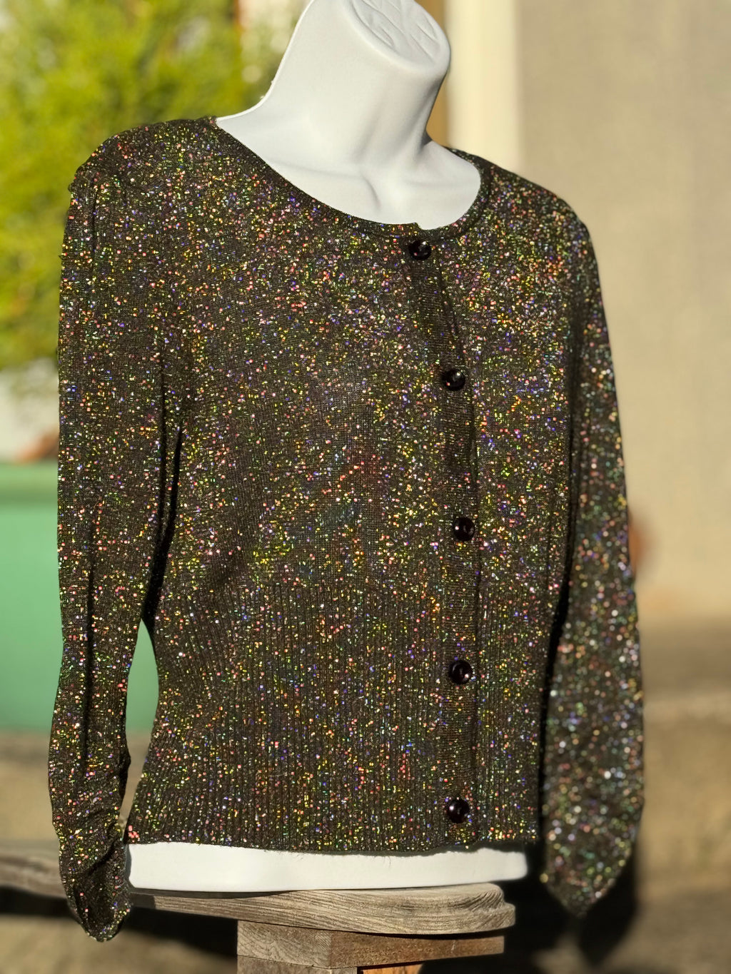 Bianca Nygård Black Cropped Button Up Cardigan with Gold Tinsel- Consigned with VARDO Vintage & Valuables vvvardo.ca