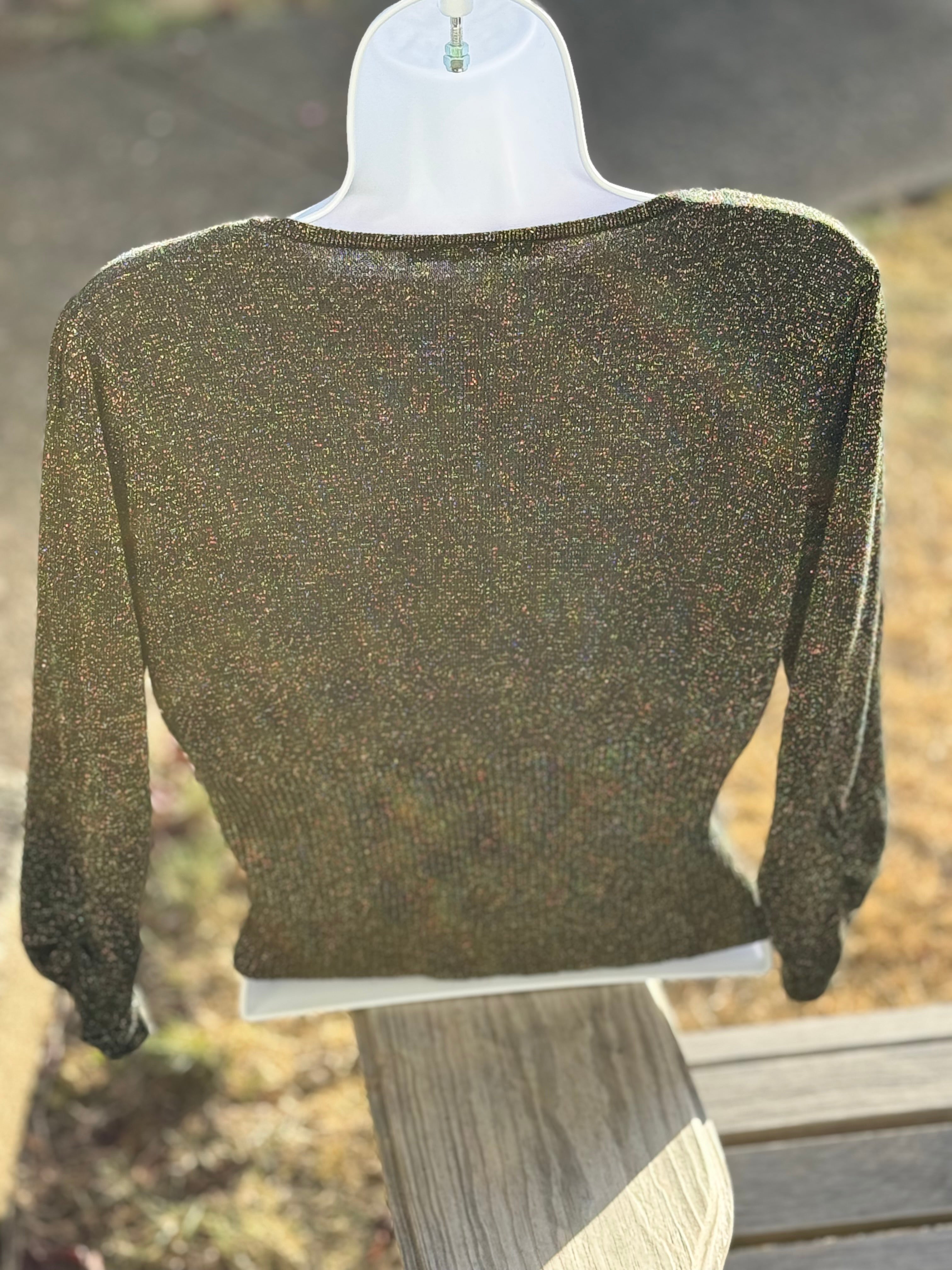 Bianca Nygård Black Cropped Button Up Cardigan with Gold Tinsel- Consigned with VARDO Vintage & Valuables vvvardo.ca