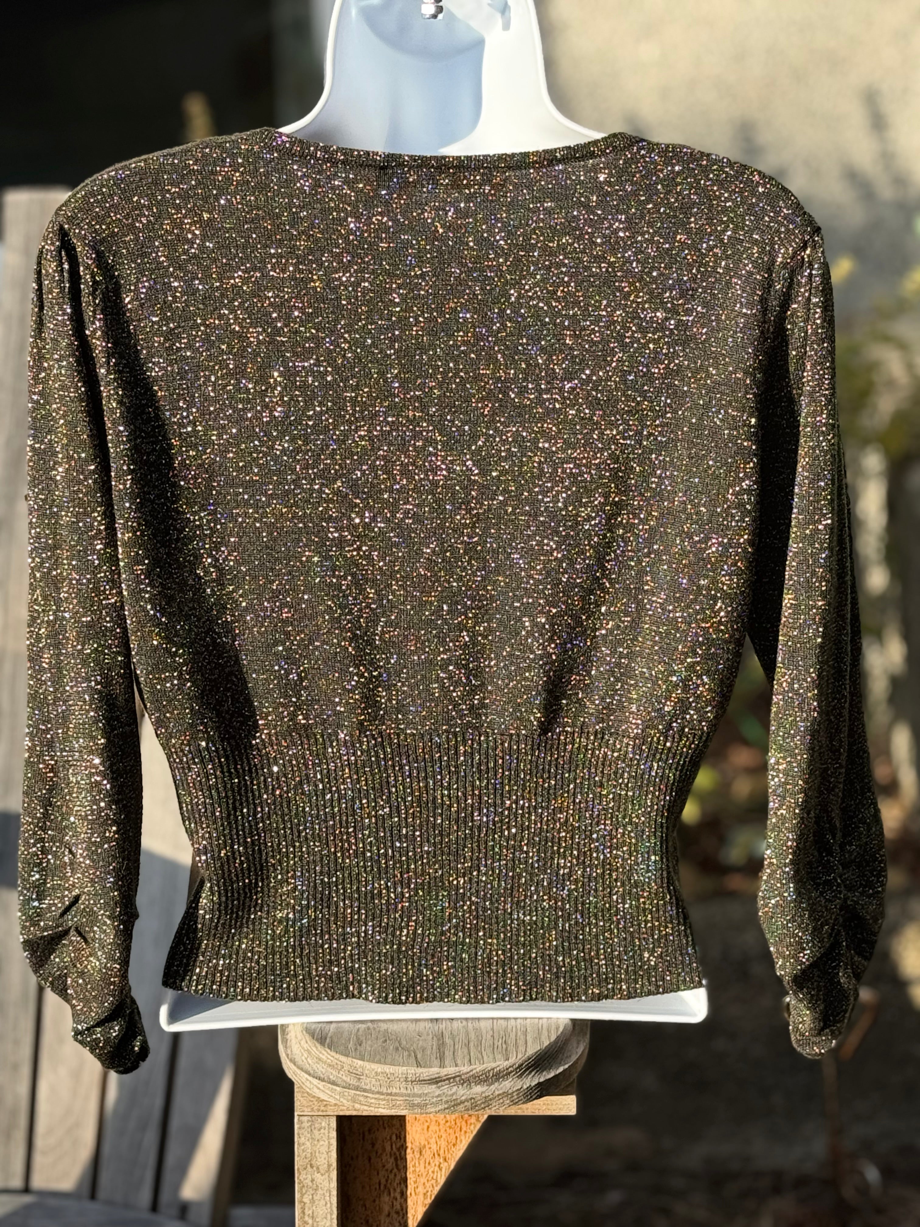 Bianca Nygård Black Cropped Button Up Cardigan with Gold Tinsel- Consigned with VARDO Vintage & Valuables vvvardo.ca