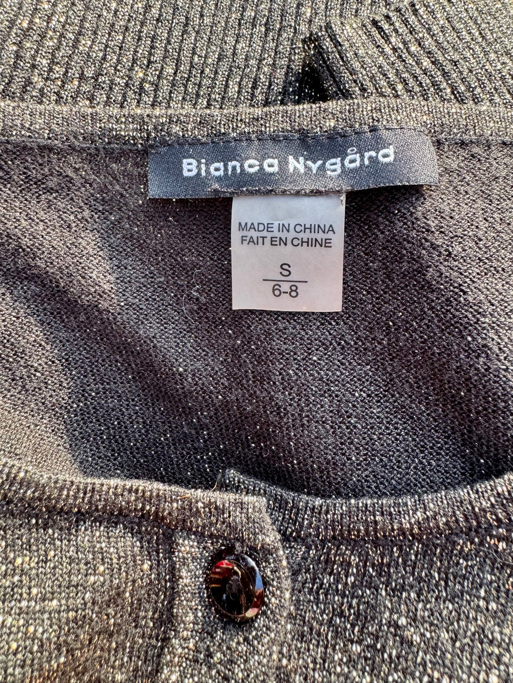 Bianca Nygård Black Cropped Button Up Cardigan with Gold Tinsel- Consigned with VARDO Vintage & Valuables vvvardo.ca