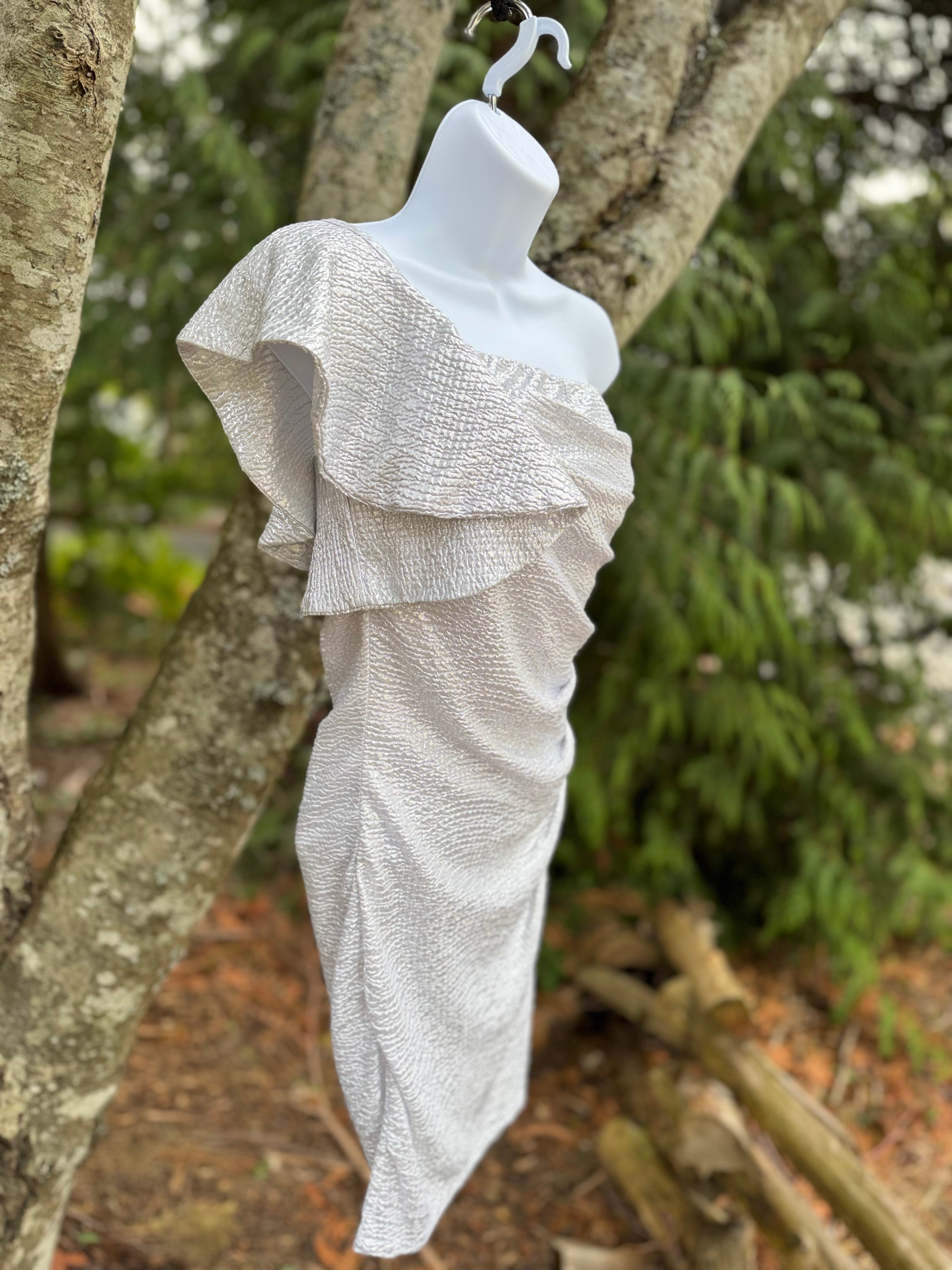 J IS FOR JUSTIFY silver dress- Consigned with VARDO Vintage & Valuables vvvardo.ca