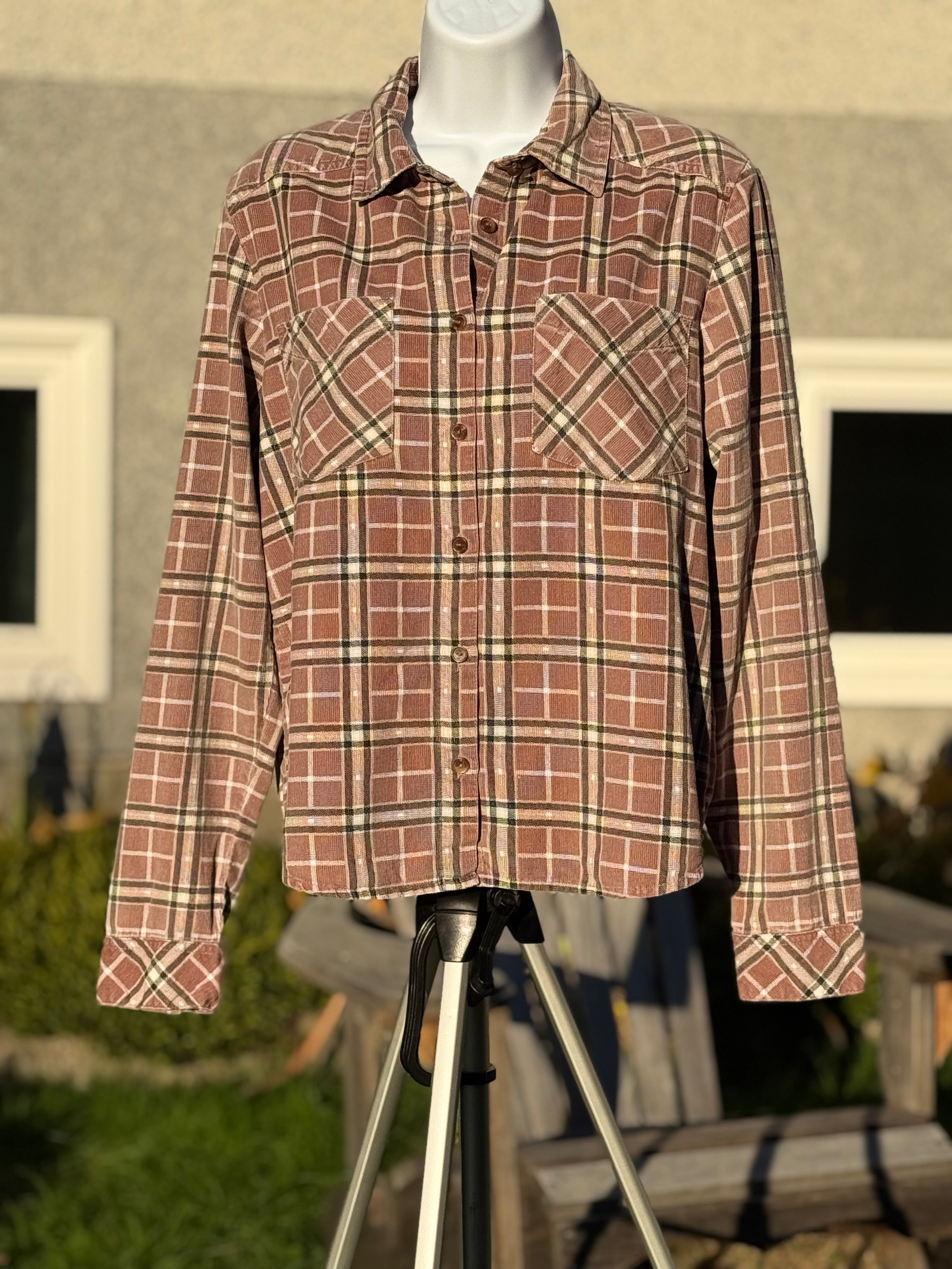 RVCA corduroy button-up plaid long sleeve top- Consigned with VARDO Vintage & Valuables vvvardo.ca