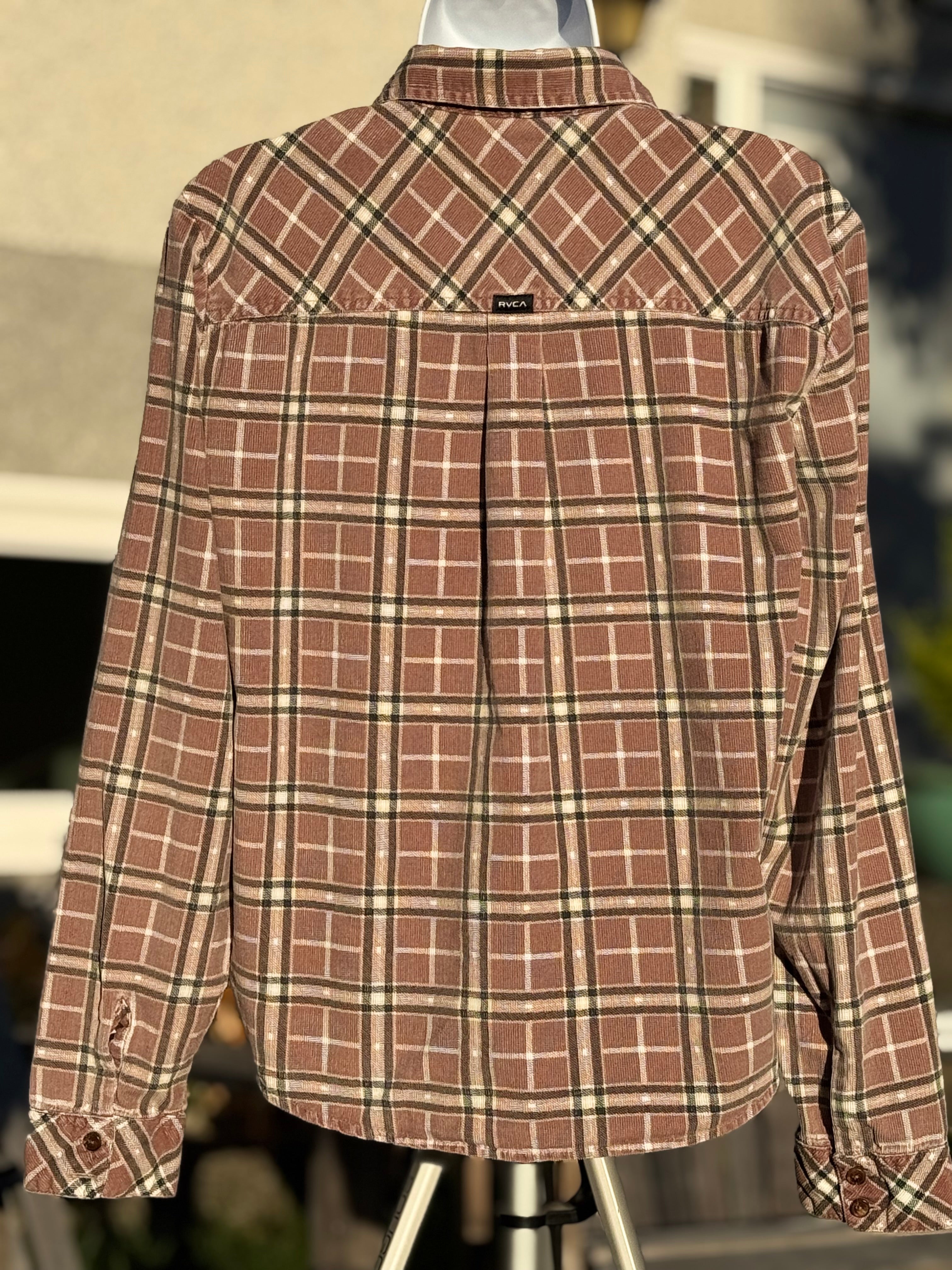 RVCA corduroy button-up plaid long sleeve top- Consigned with VARDO Vintage & Valuables vvvardo.ca