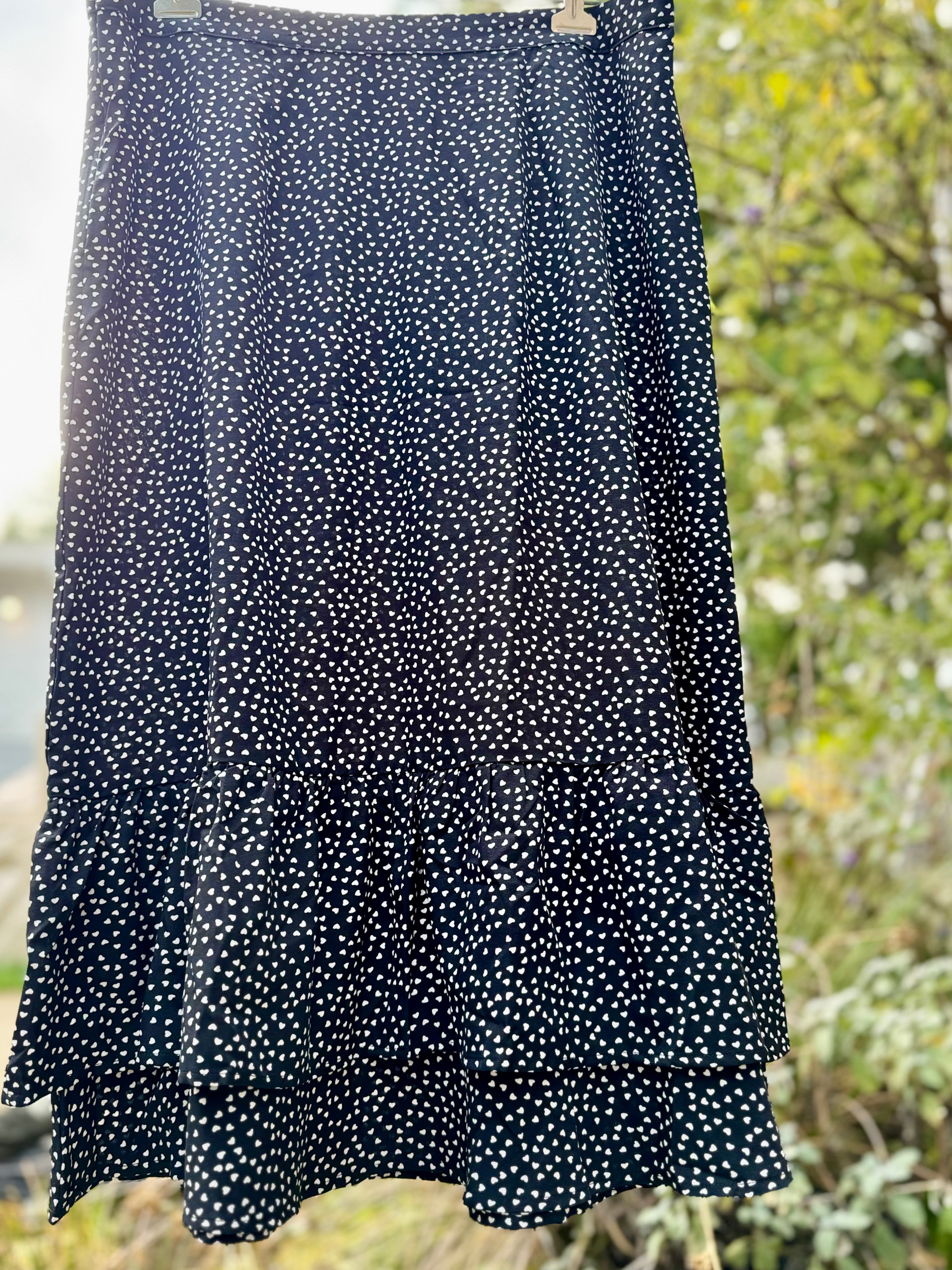 ALLEGRA K SKIRT with double frilled hem and hearts print. - Consigned with VARDO Vintage & Valuables vvvardo.ca