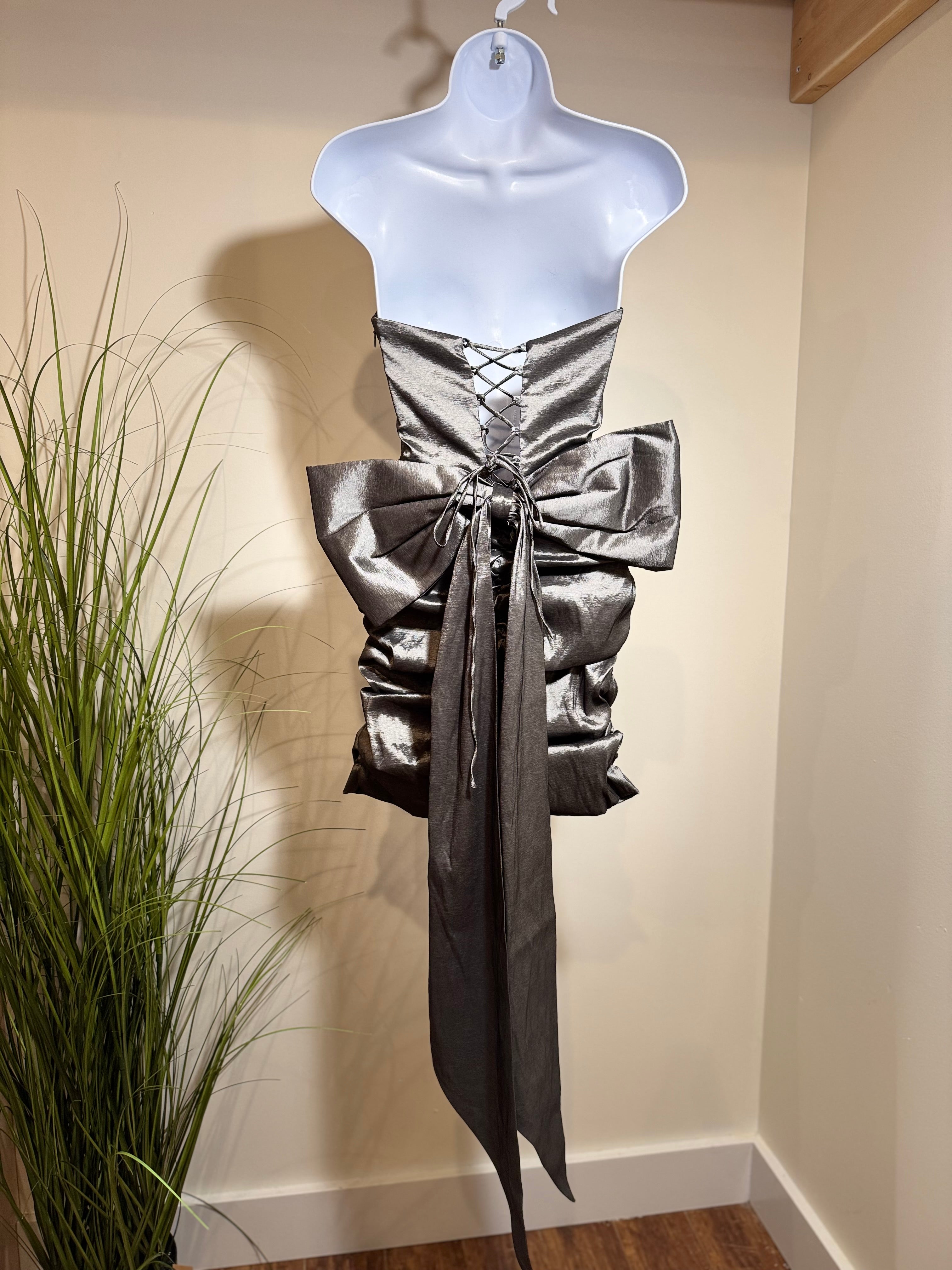 Klesis Grey Metallic V-Bar Bardot Mini Dress - Consigned with VARDO Vintage & Valuables vvvardo.ca