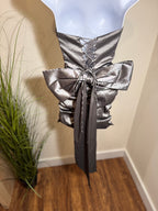 Klesis Grey Metallic V-Bar Bardot Mini Dress - Consigned with VARDO Vintage & Valuables vvvardo.ca