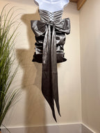 Klesis Grey Metallic V-Bar Bardot Mini Dress - Consigned with VARDO Vintage & Valuables vvvardo.ca