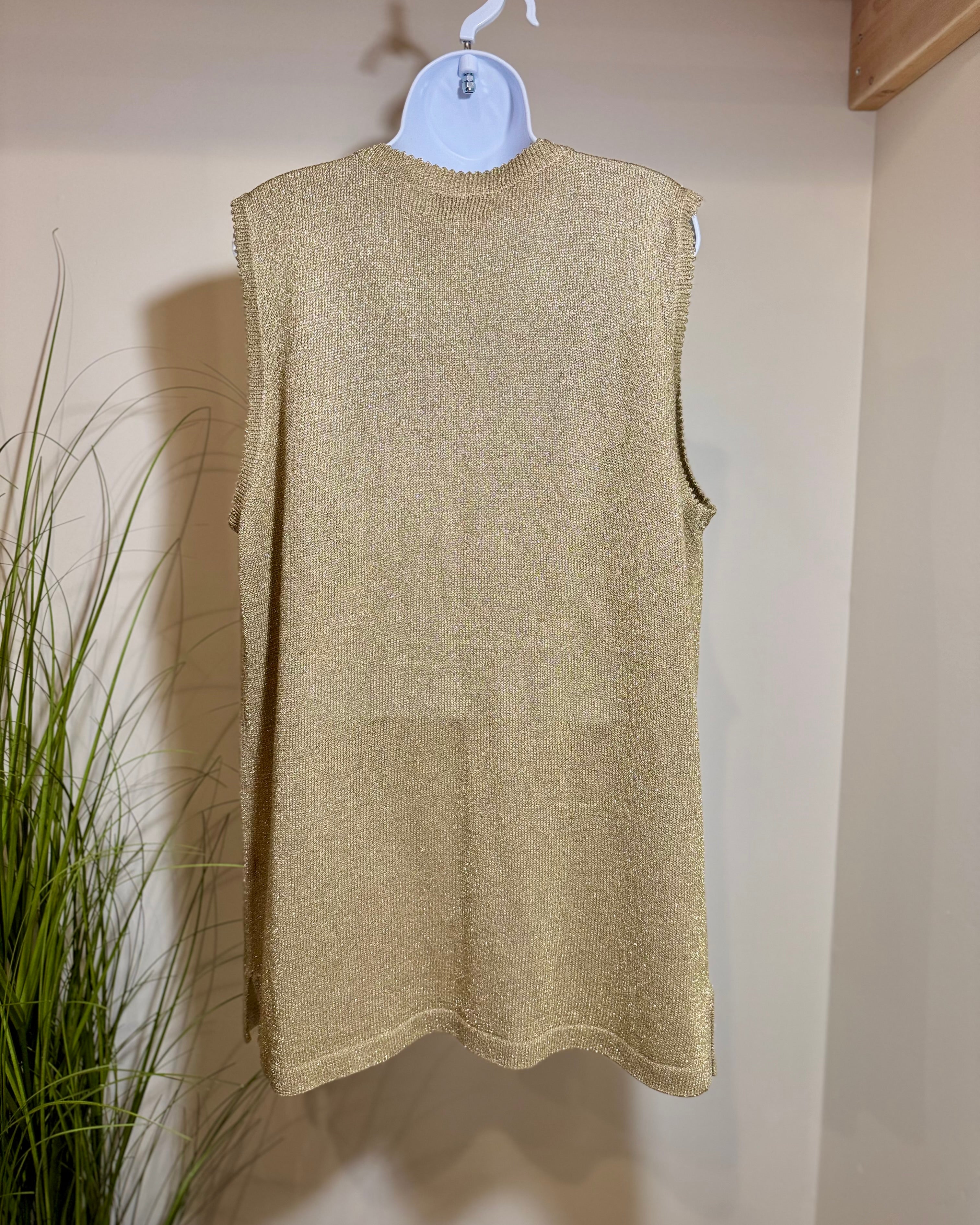 Vintage GOLD tone METALLIC knit cardigan vest - Consigned with VARDO Vintage & Valuables vvvardo.ca