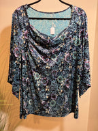 Velour floral  top with square draped  neckline