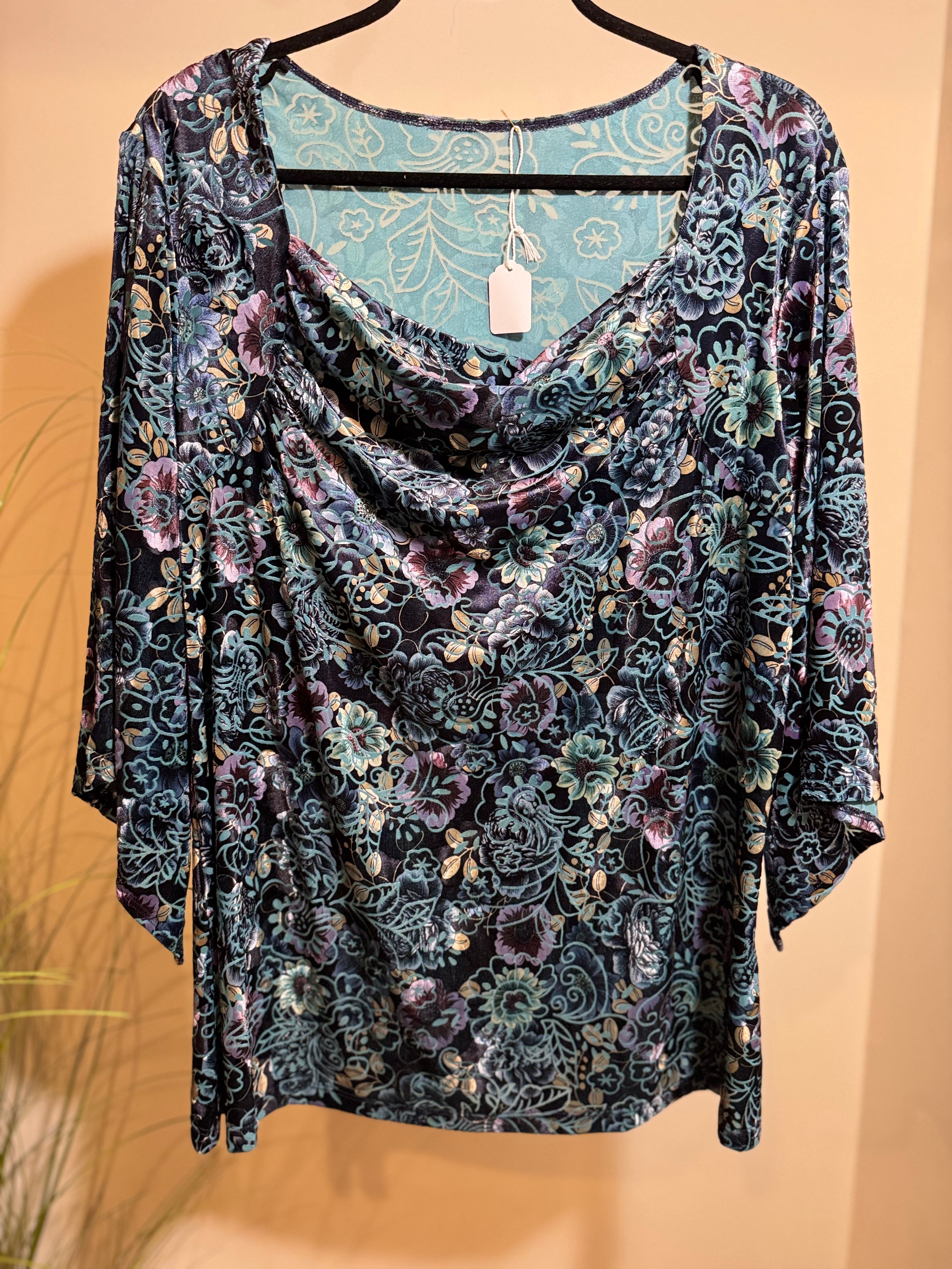 Velour floral  top with square draped  neckline- Consigned with VARDO Vintage & Valuables vvvardo.ca
