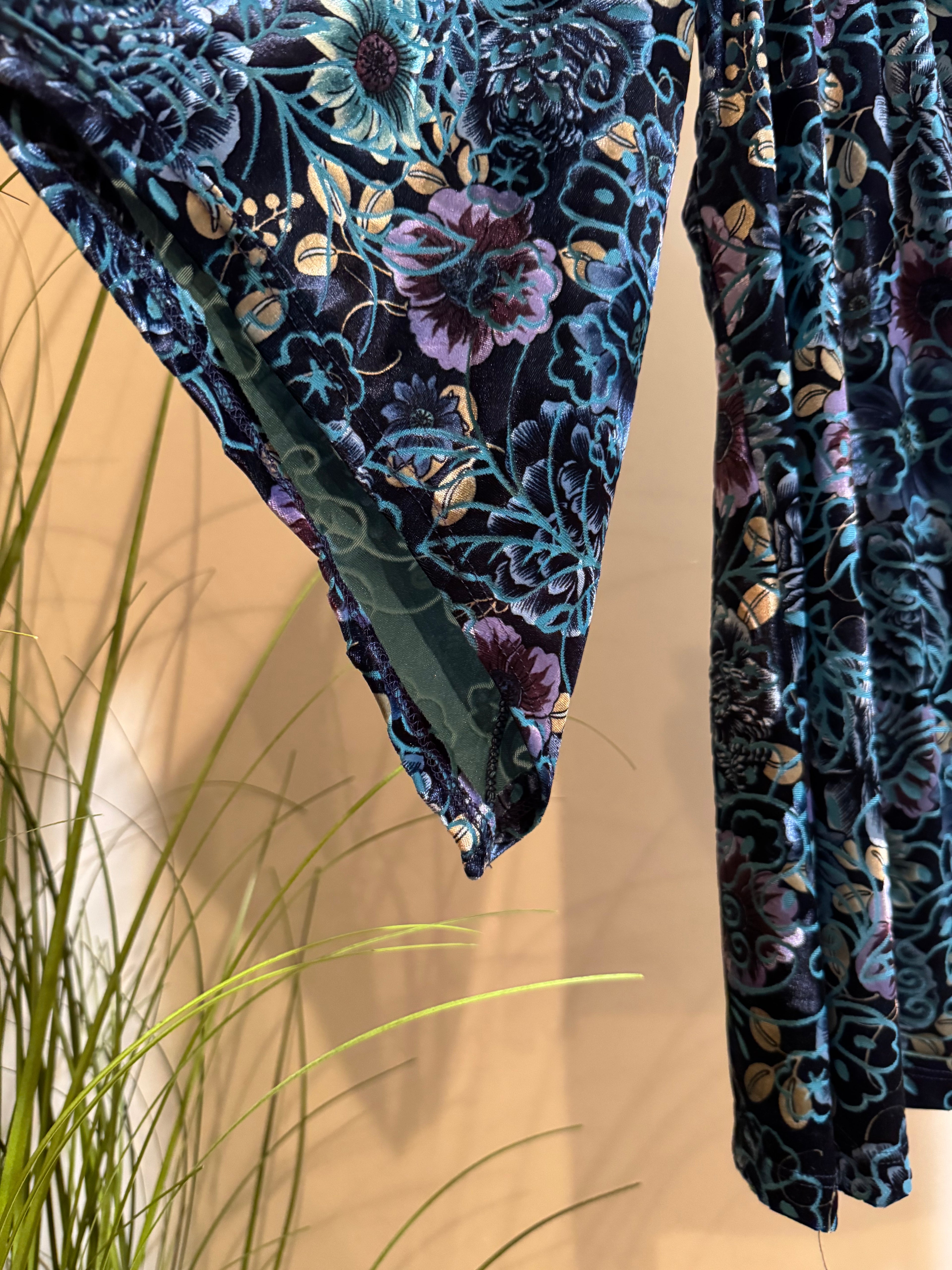 Velour floral  top with square draped  neckline- Consigned with VARDO Vintage & Valuables vvvardo.ca