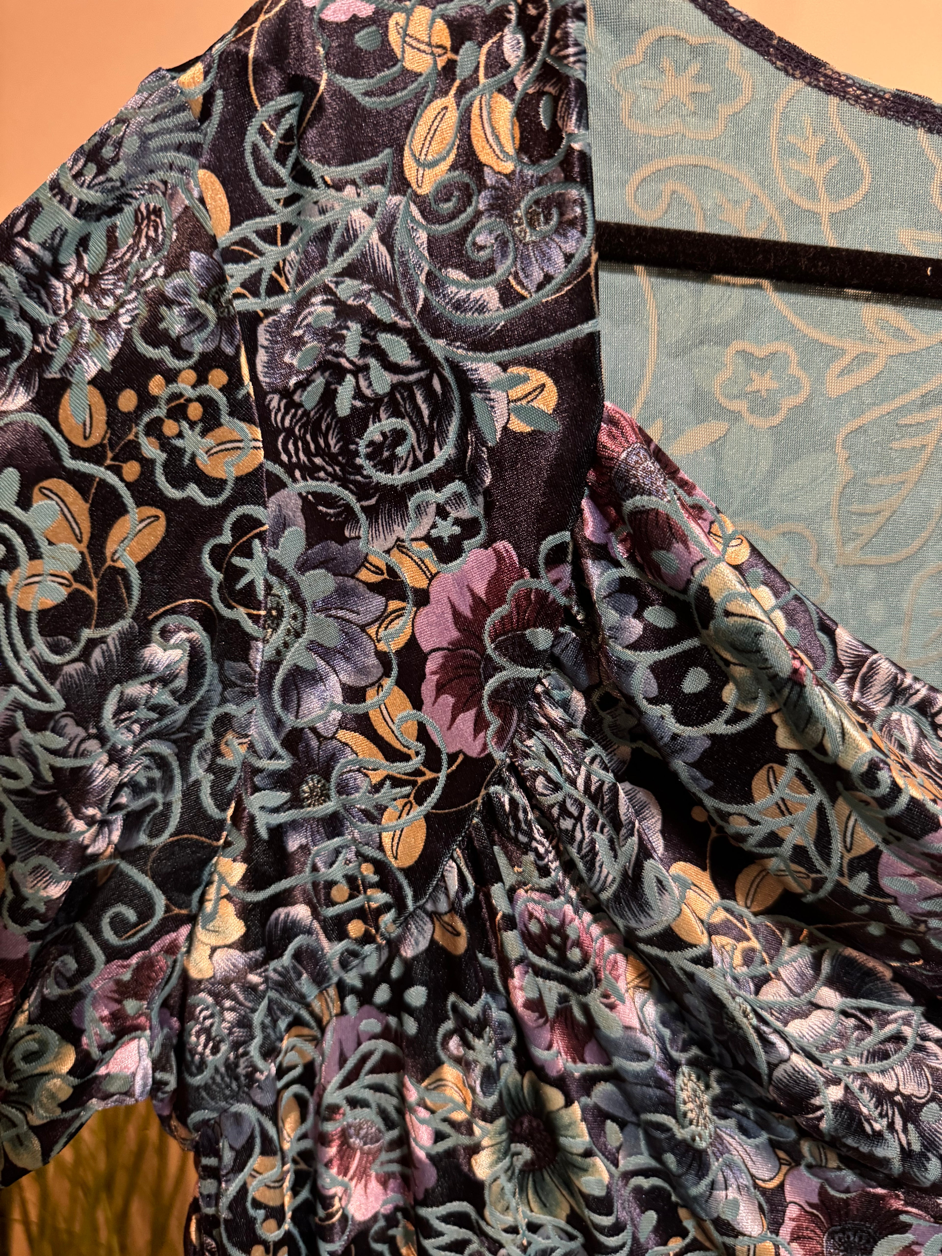 Velour floral  top with square draped  neckline- Consigned with VARDO Vintage & Valuables vvvardo.ca