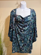 Velour floral  top with square draped  neckline