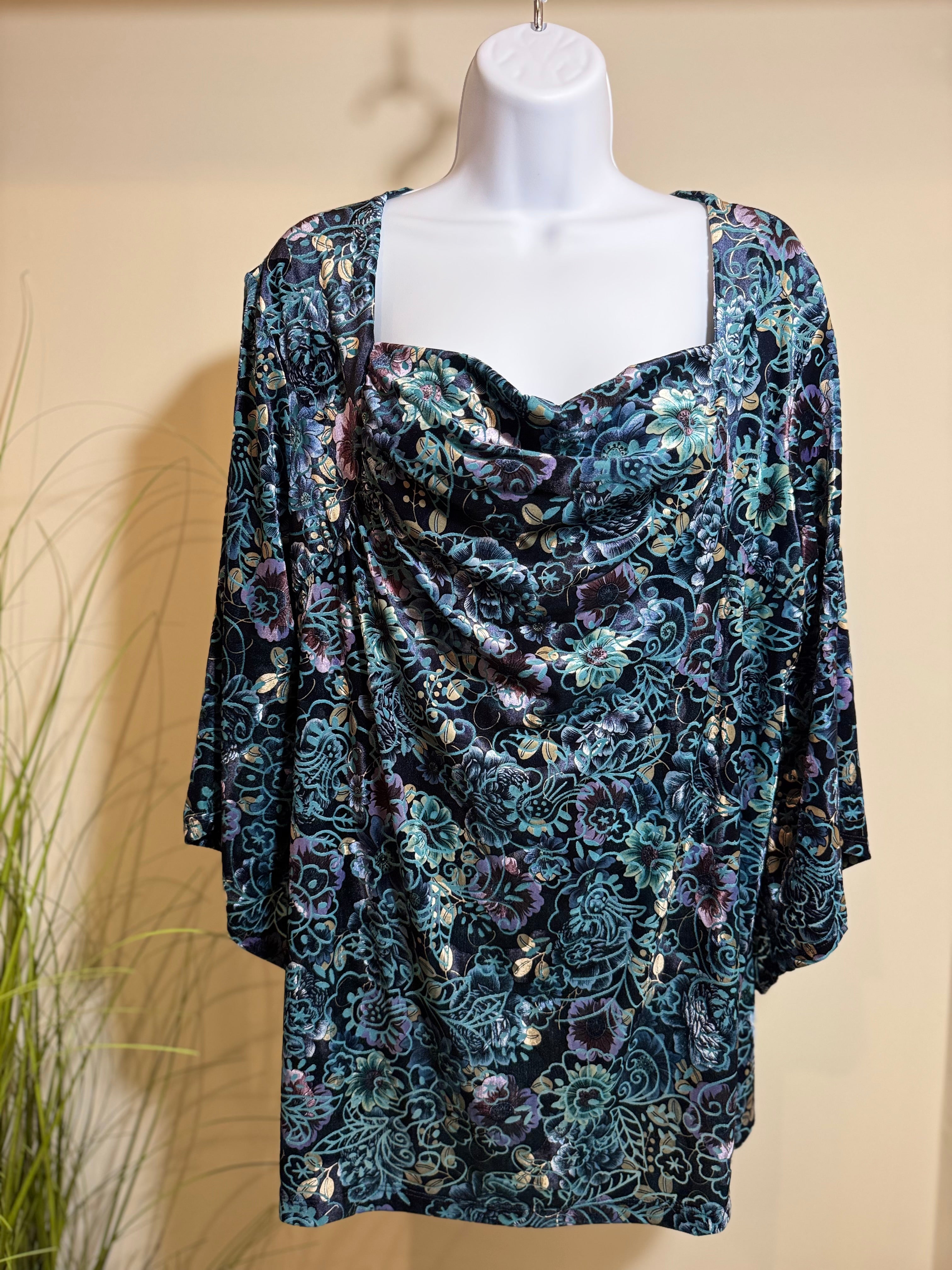 Velour floral  top with square draped  neckline- Consigned with VARDO Vintage & Valuables vvvardo.ca