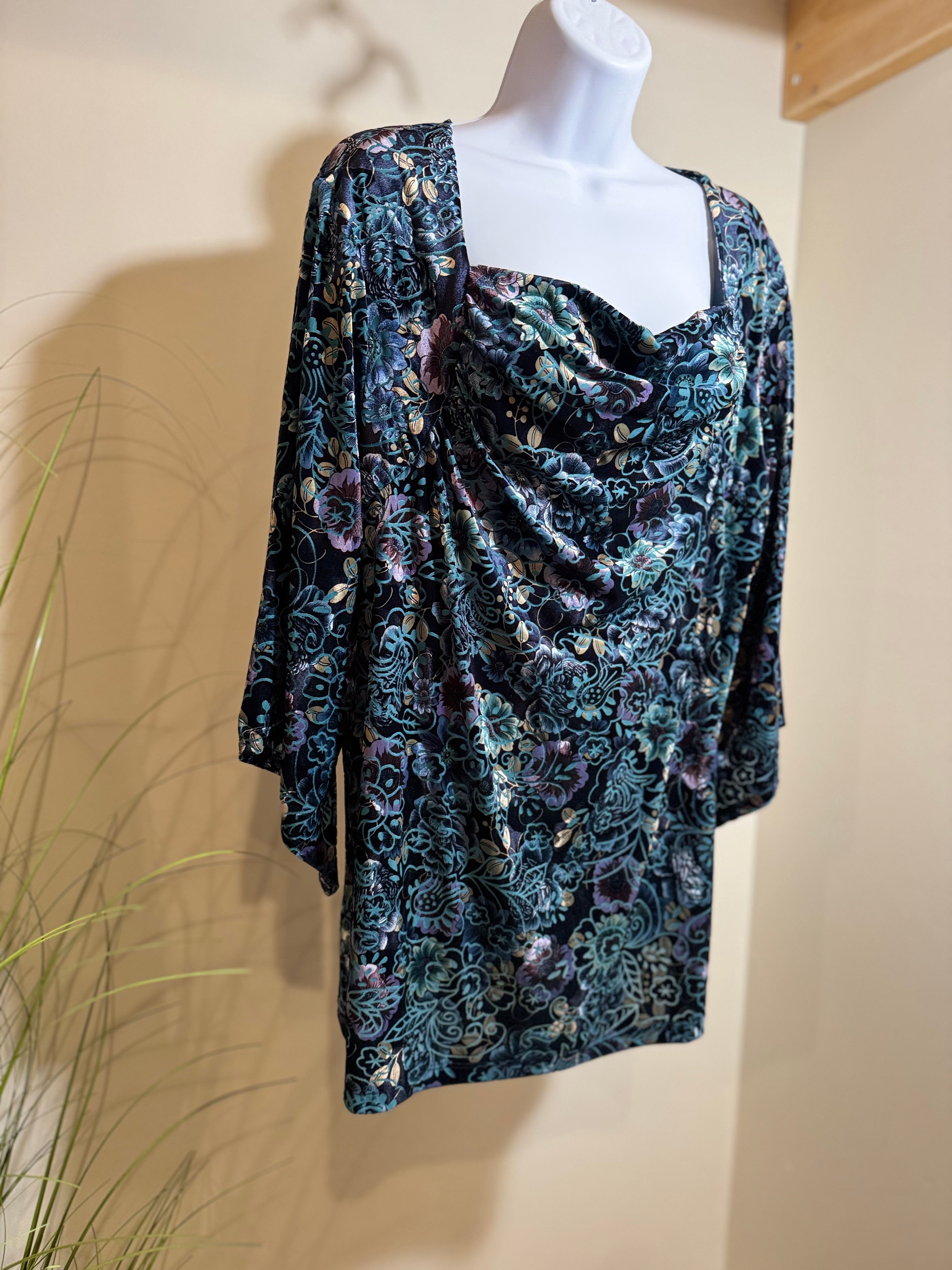 Velour floral  top with square draped  neckline- Consigned with VARDO Vintage & Valuables vvvardo.ca