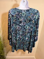 Velour floral  top with square draped  neckline