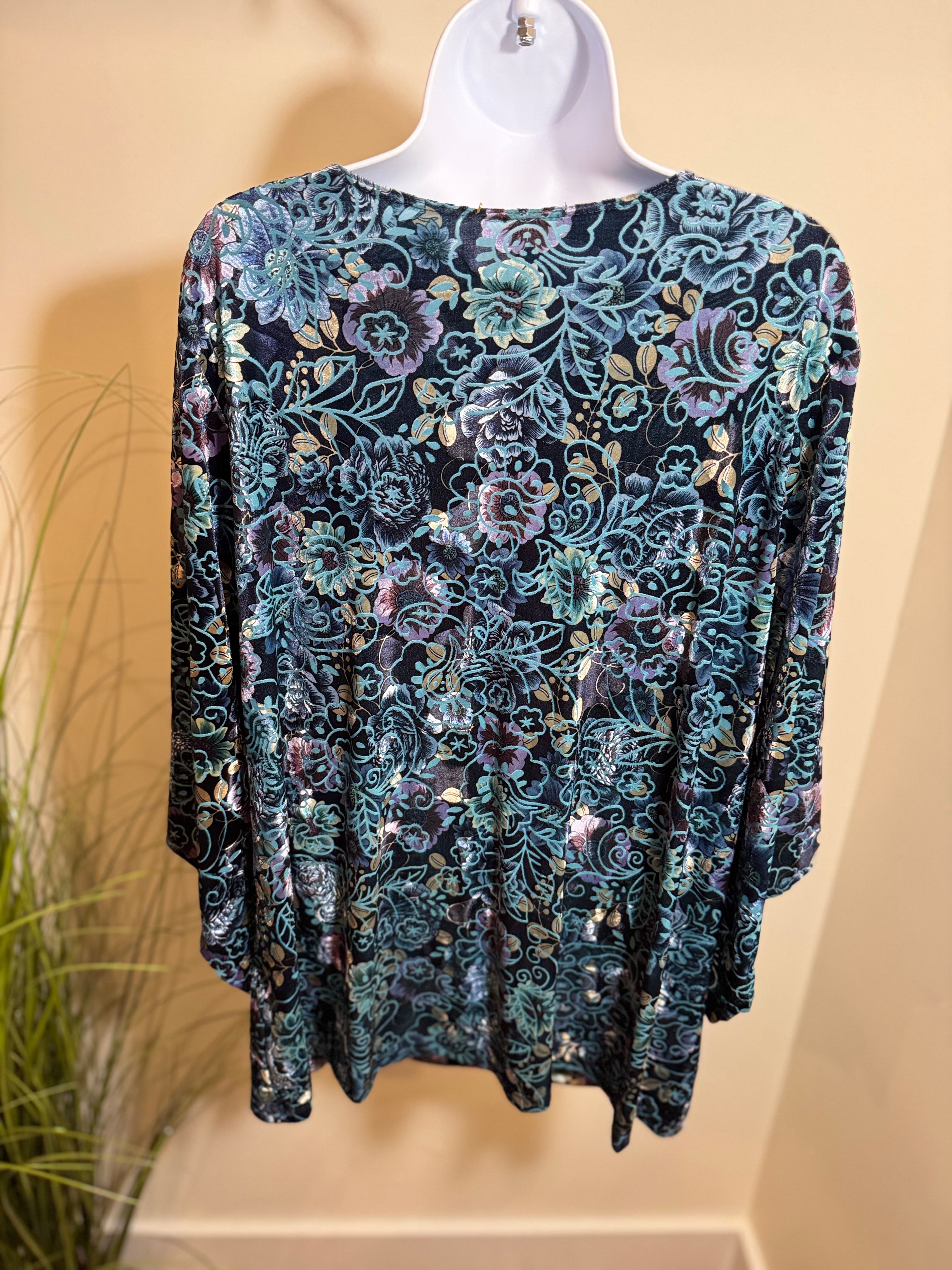 Velour floral  top with square draped  neckline- Consigned with VARDO Vintage & Valuables vvvardo.ca