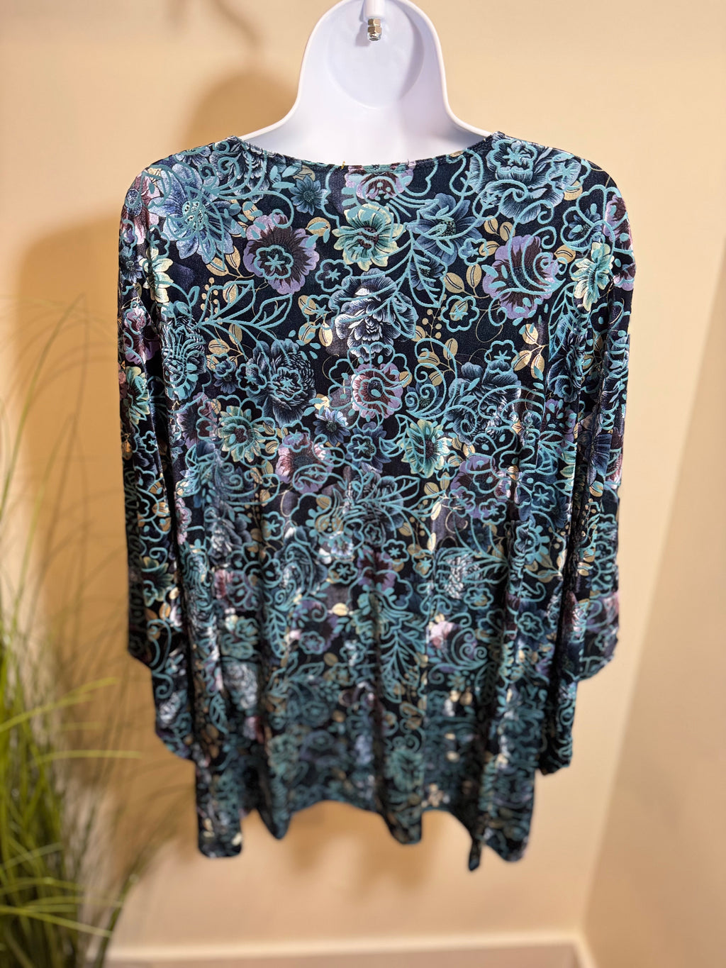 Velour floral  top with square draped  neckline