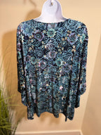 Velour floral  top with square draped  neckline
