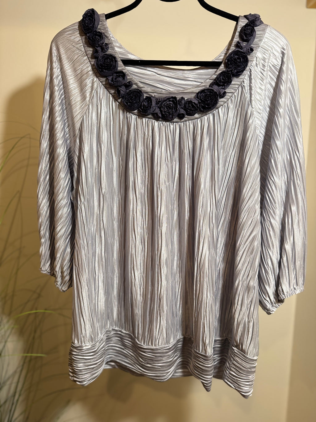 Silver coloured top with embellished round neckline- Consigned with VARDO Vintage & Valuables vvvardo.ca