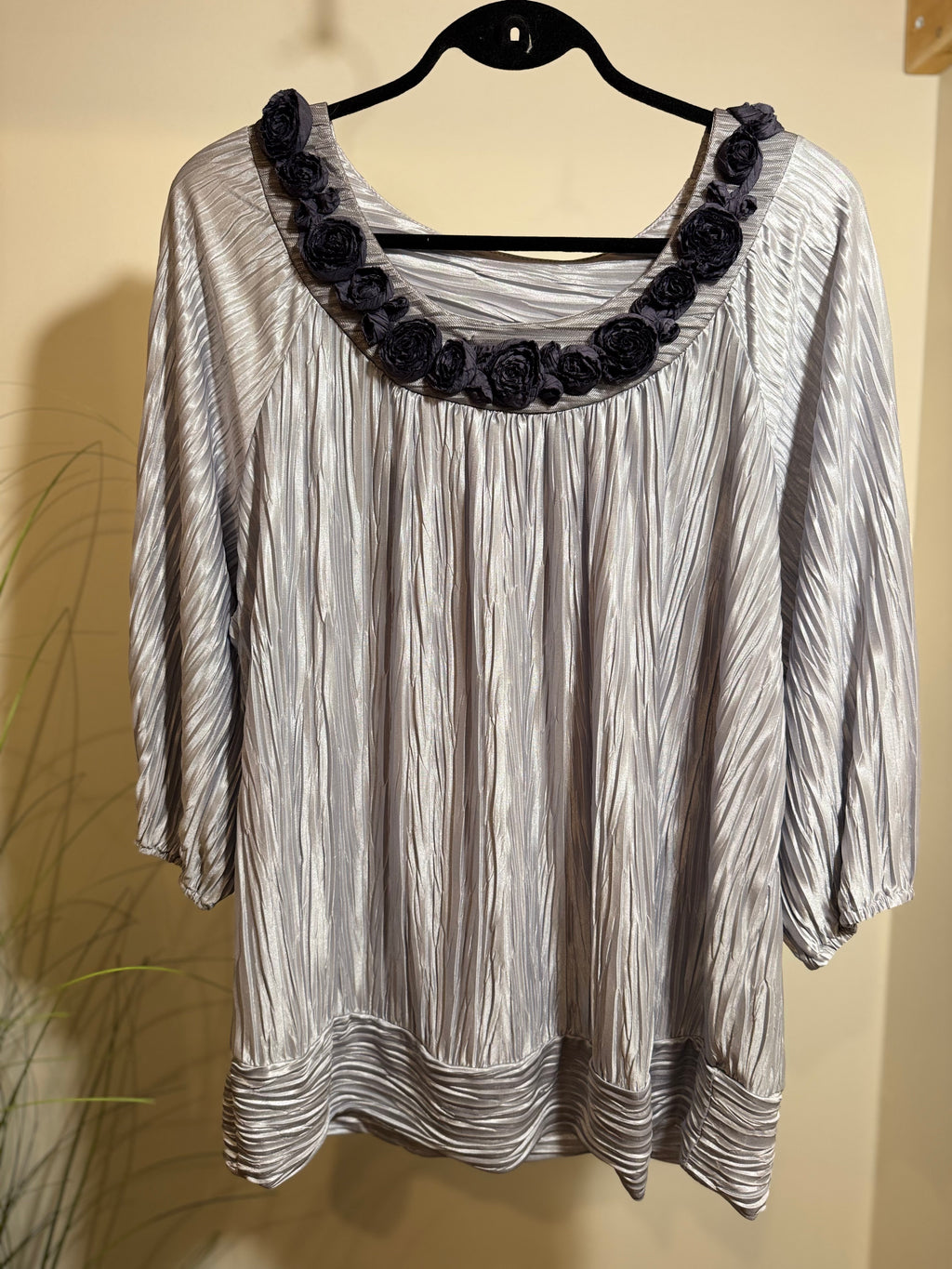 Silver coloured top with embellished round neckline- Consigned with VARDO Vintage & Valuables vvvardo.ca