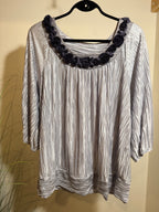 Silver coloured top with embellished round neckline- Consigned with VARDO Vintage & Valuables vvvardo.ca