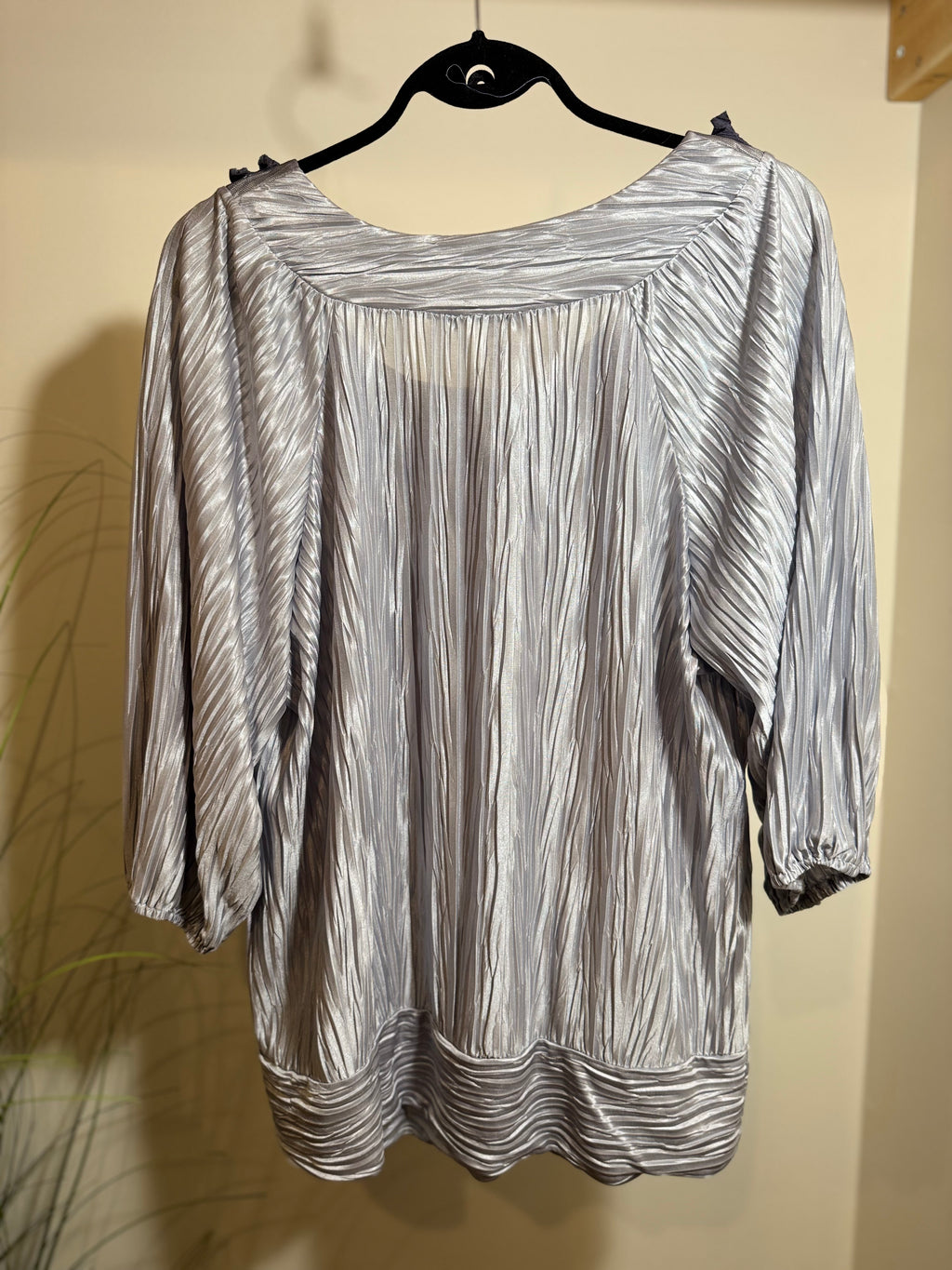 Silver coloured top with embellished round neckline- Consigned with VARDO Vintage & Valuables vvvardo.ca
