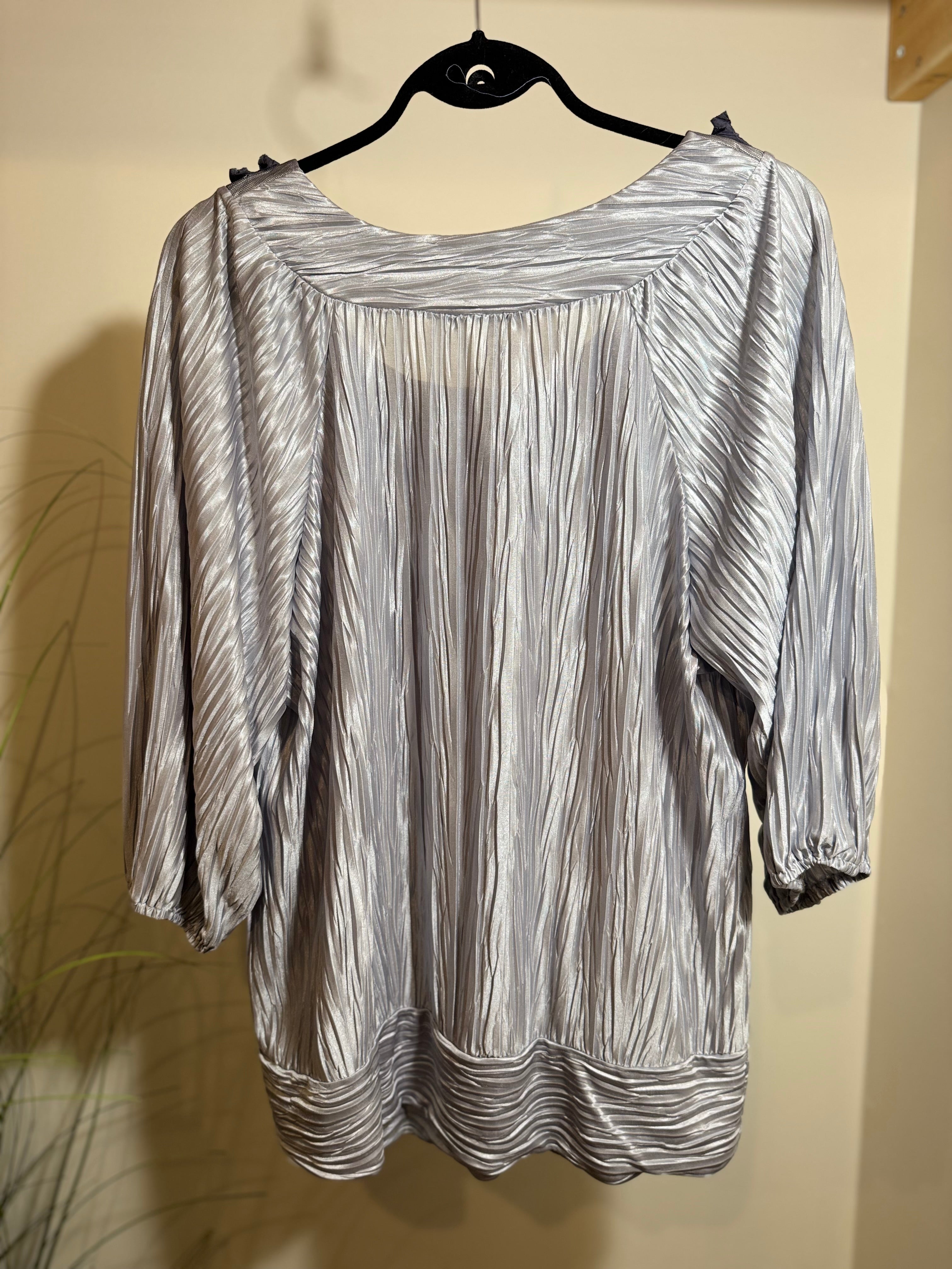 Silver coloured top with embellished round neckline- Consigned with VARDO Vintage & Valuables vvvardo.ca