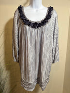 Silver coloured top with embellished round neckline- Consigned with VARDO Vintage & Valuables vvvardo.ca