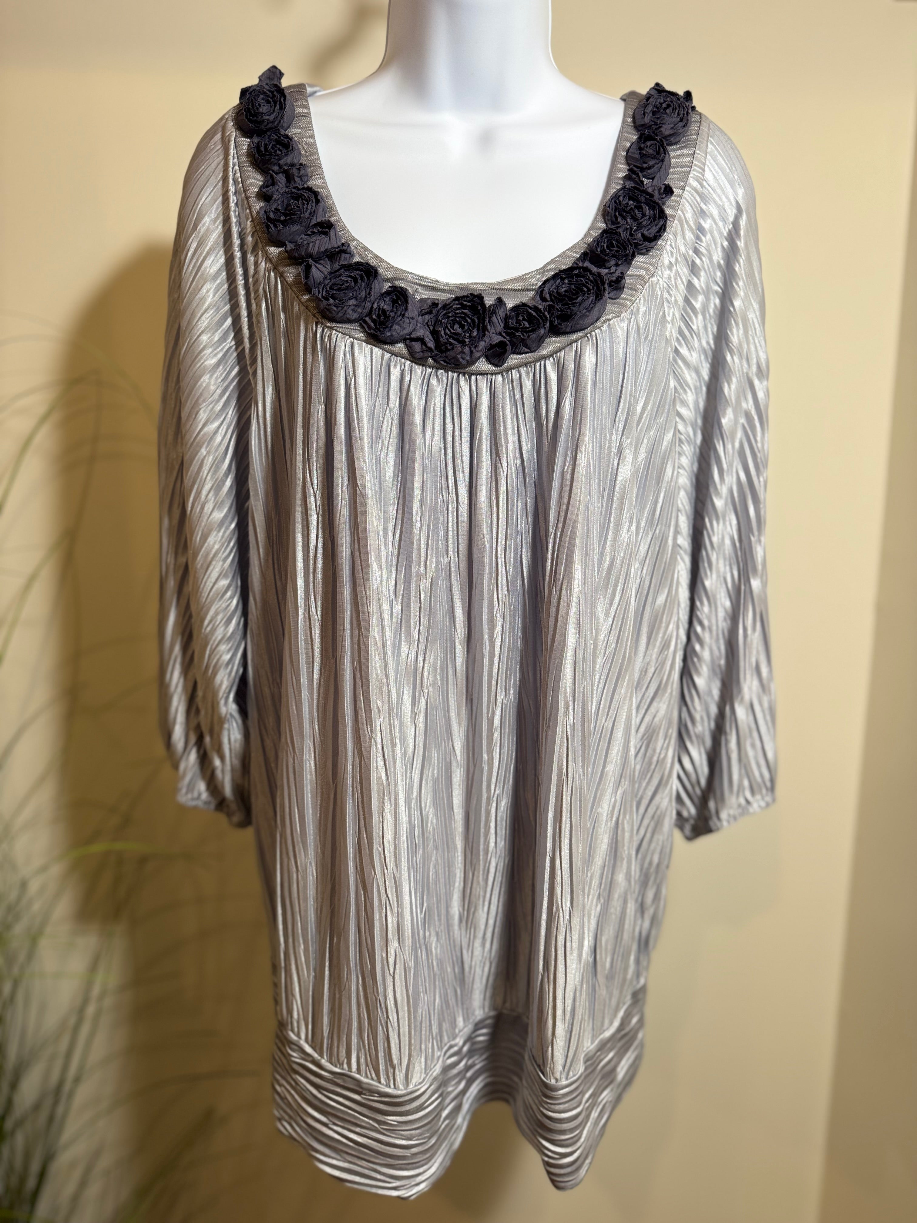 Silver coloured top with embellished round neckline- Consigned with VARDO Vintage & Valuables vvvardo.ca
