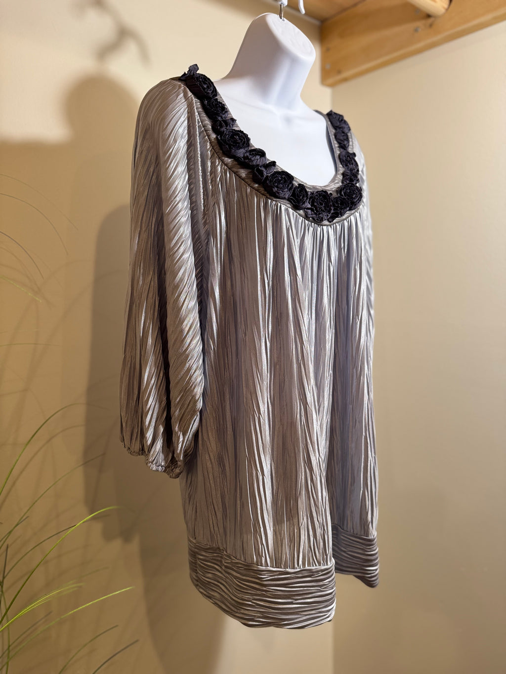 Silver coloured top with embellished round neckline- Consigned with VARDO Vintage & Valuables vvvardo.ca