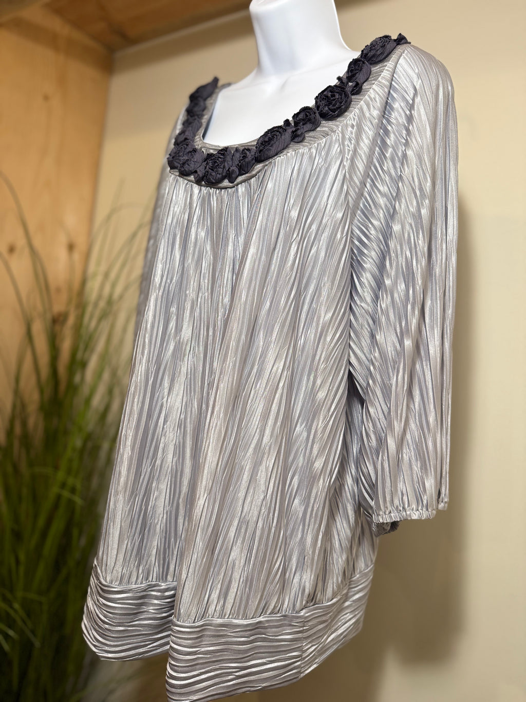 Silver coloured top with embellished round neckline- Consigned with VARDO Vintage & Valuables vvvardo.ca