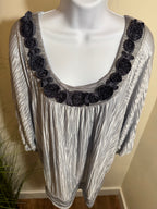 Silver coloured top with embellished round neckline- Consigned with VARDO Vintage & Valuables vvvardo.ca