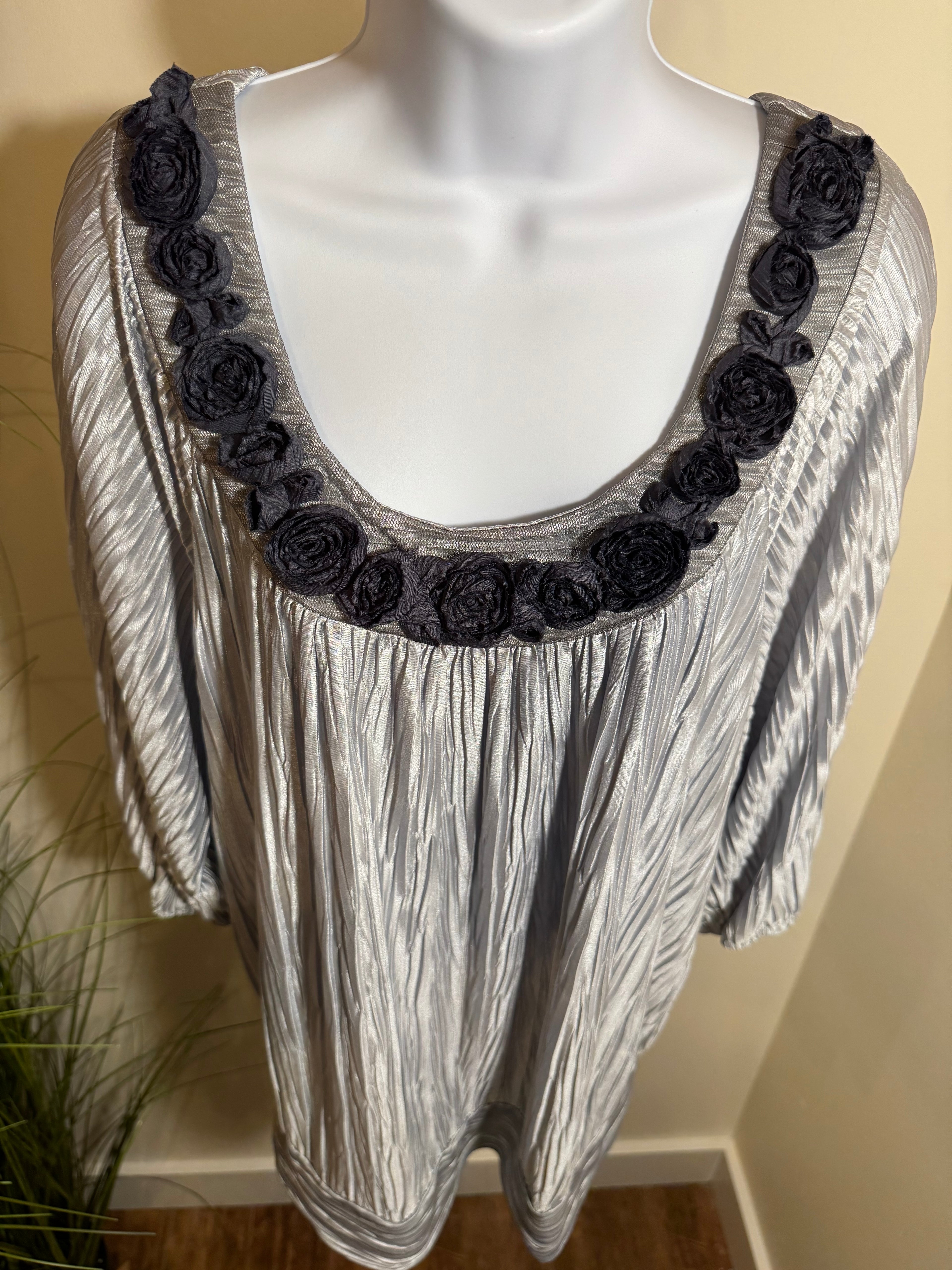 Silver coloured top with embellished round neckline- Consigned with VARDO Vintage & Valuables vvvardo.ca