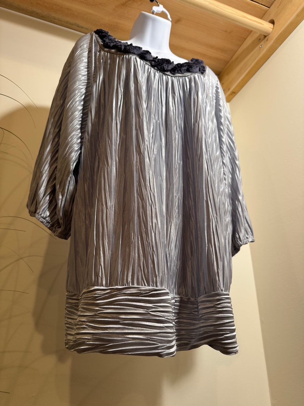 Silver coloured top with embellished round neckline- Consigned with VARDO Vintage & Valuables vvvardo.ca