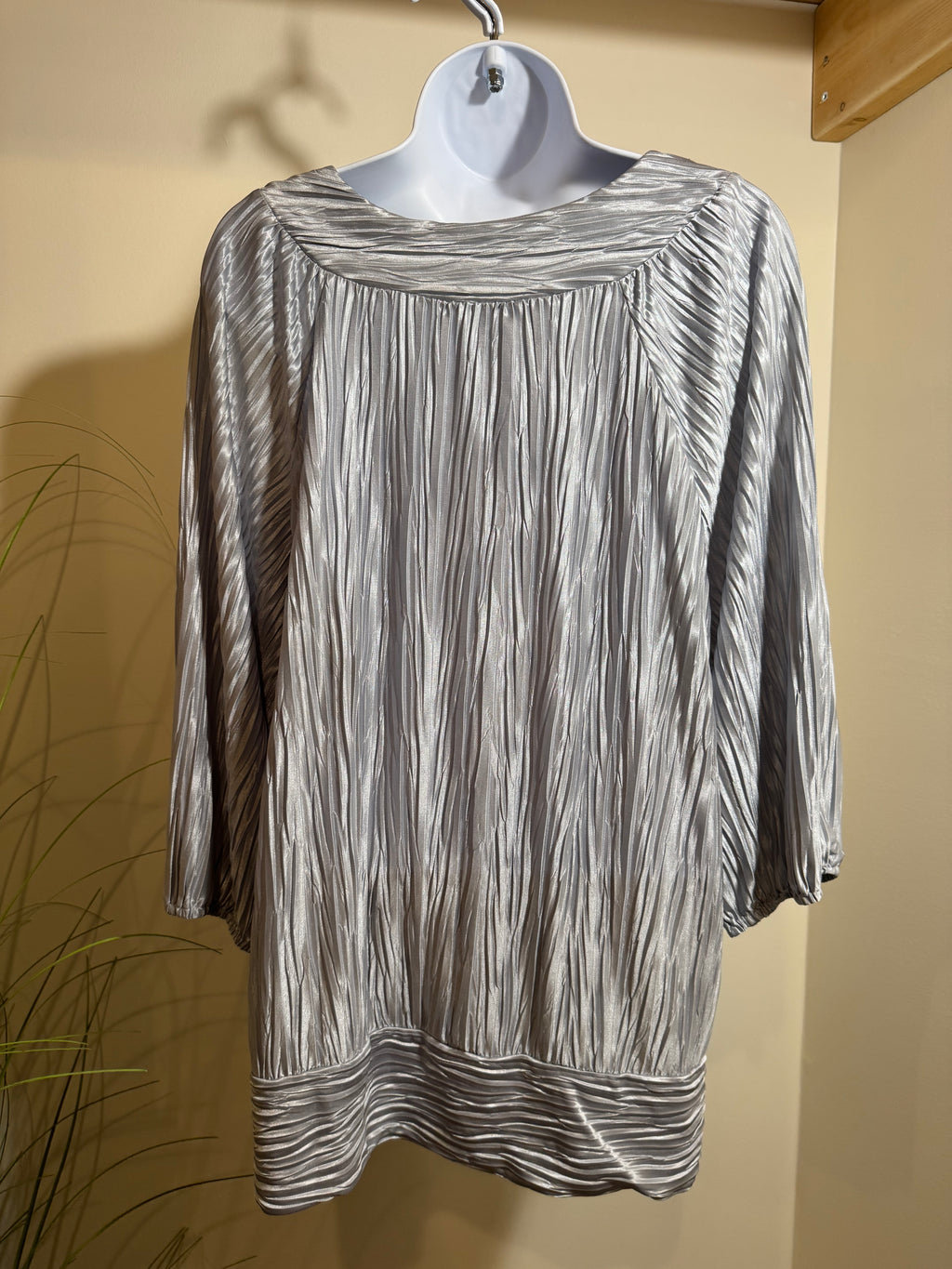 Silver coloured top with embellished round neckline- Consigned with VARDO Vintage & Valuables vvvardo.ca