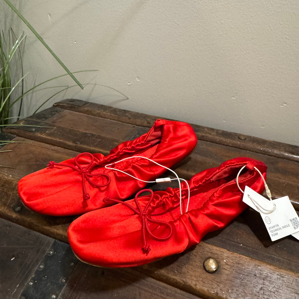 Zara Red Satin Ballet Flats - Bow Detail