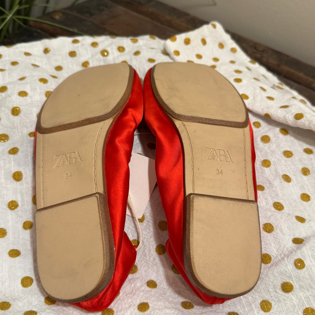 Zara Red Satin Ballet Flats - Bow Detail