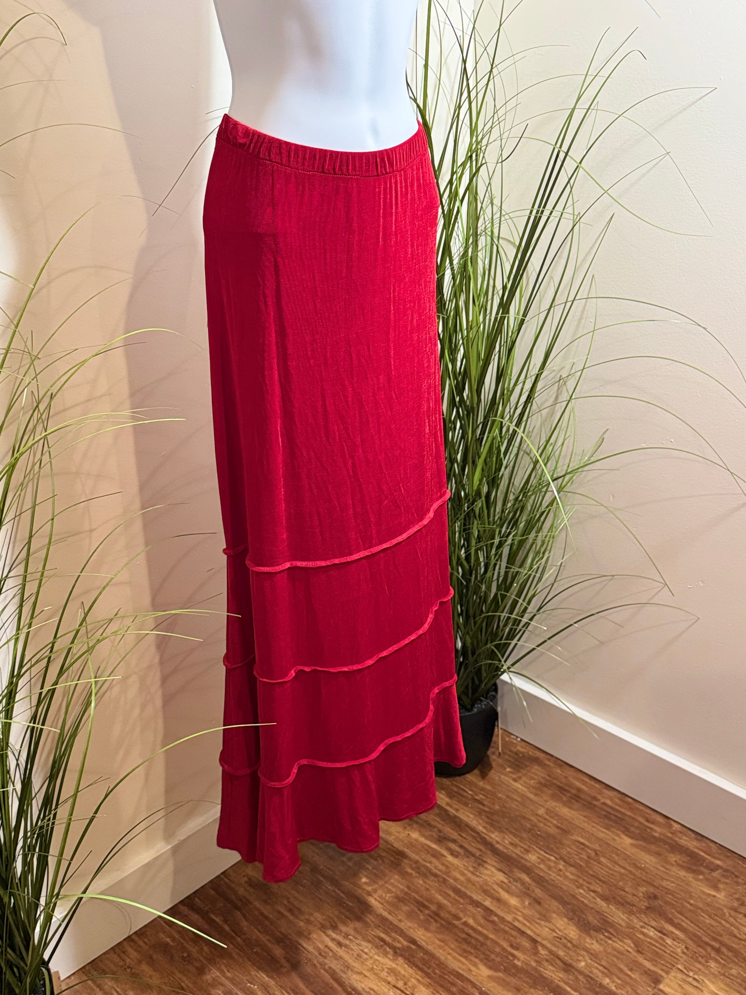 Vintage Long Red Skirt - Tiered A-line