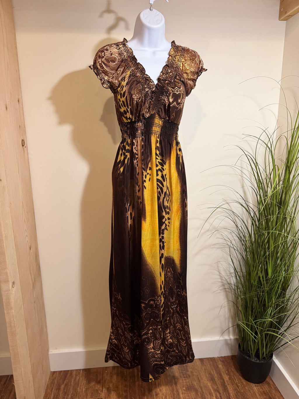 Kitschy Maxi Dress- Adjustable Fit Elasticized Neck, Bust and Sleeve Trim