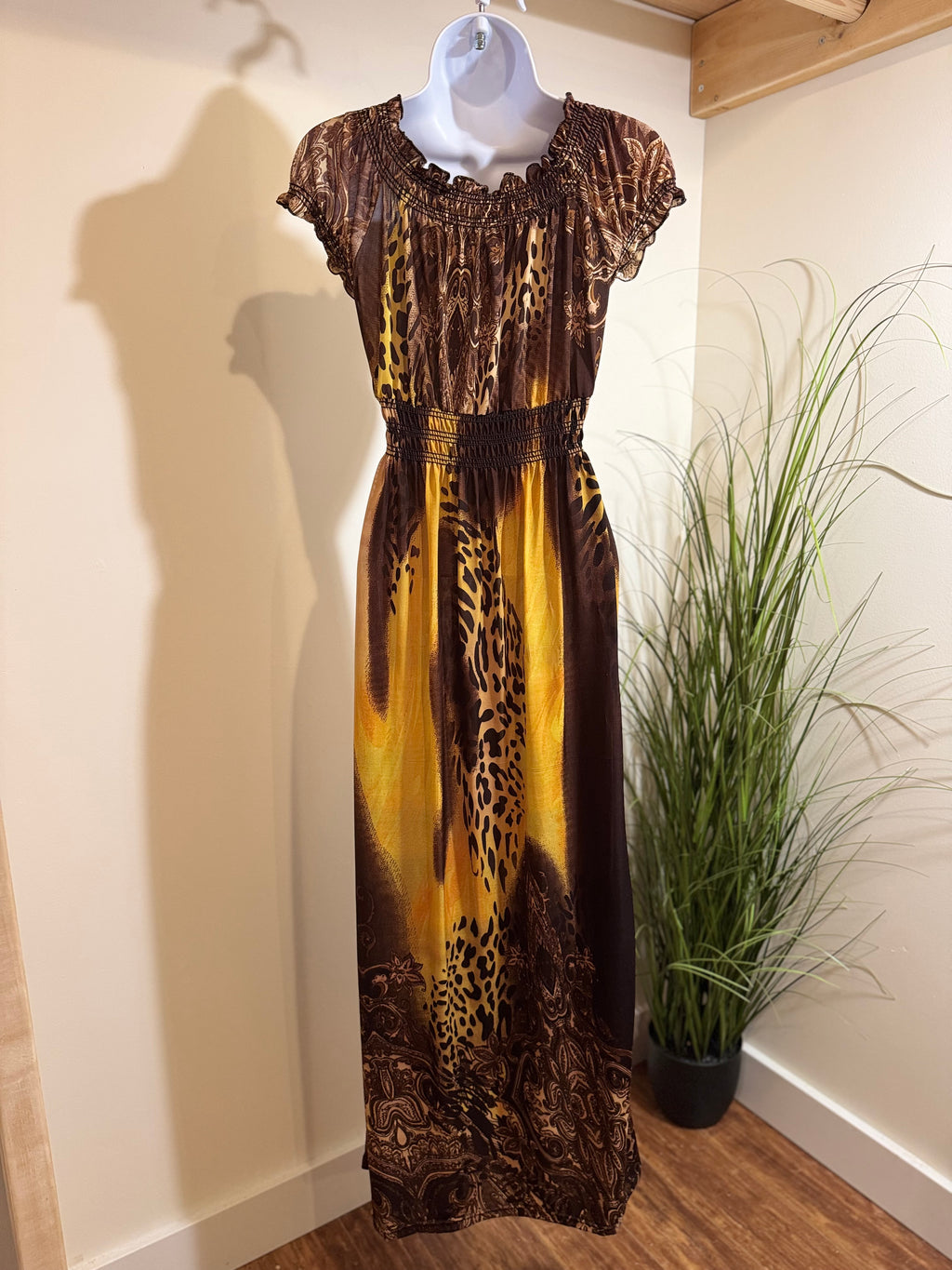 Kitschy Maxi Dress- Adjustable Fit Elasticized Neck, Bust and Sleeve Trim
