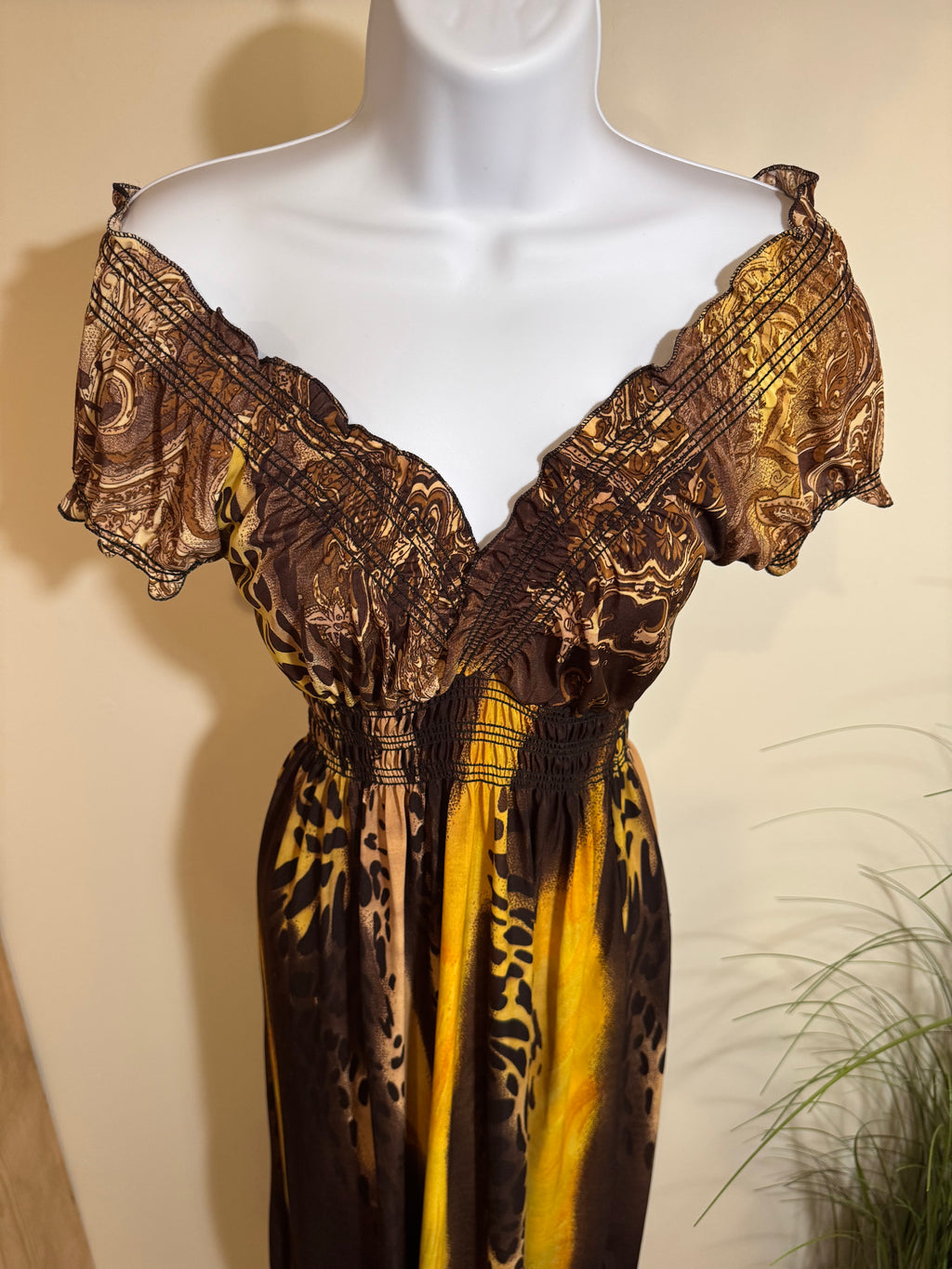 Kitschy Maxi Dress- Adjustable Fit Elasticized Neck, Bust and Sleeve Trim