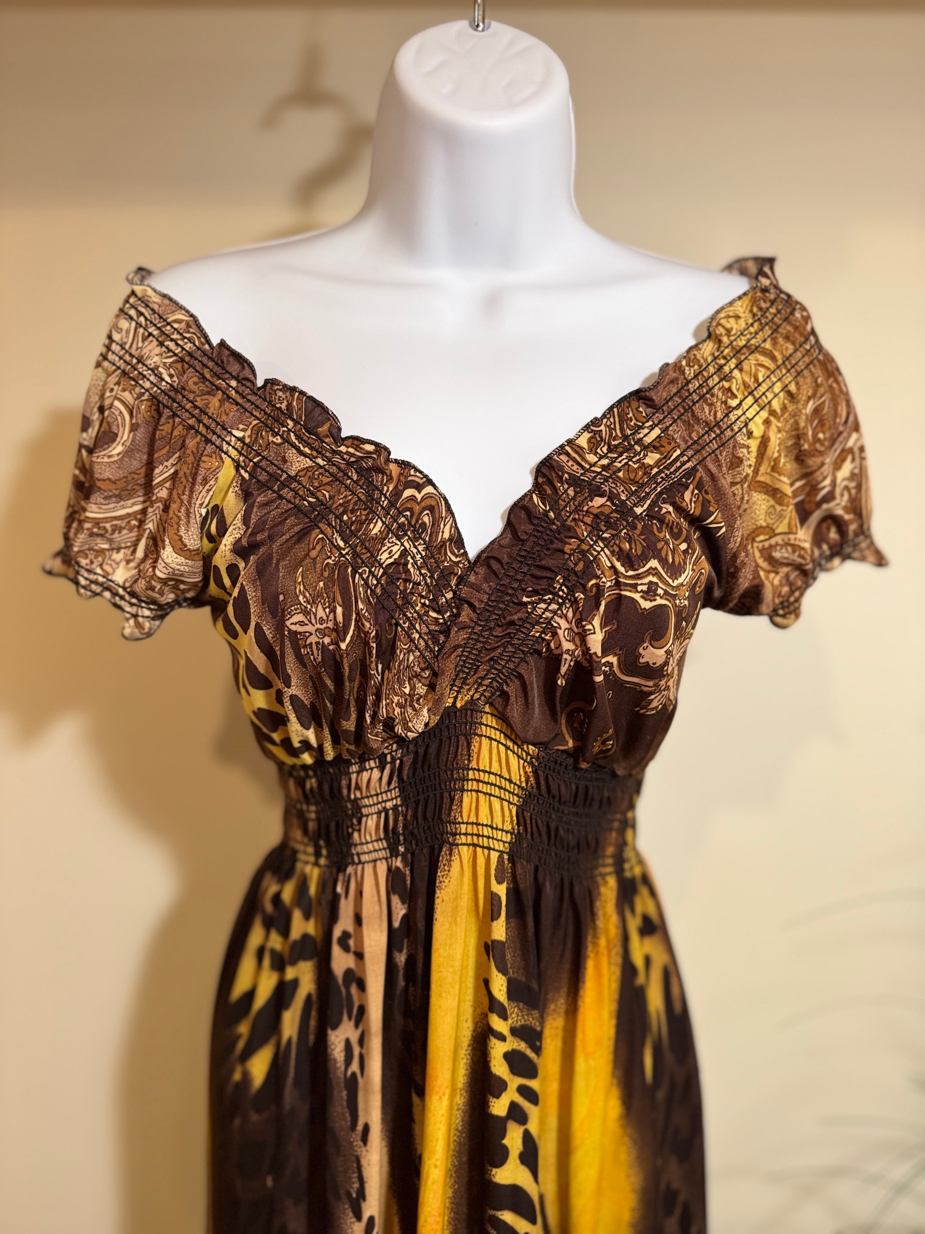 Kitschy Maxi Dress- Adjustable Fit Elasticized Neck, Bust and Sleeve Trim