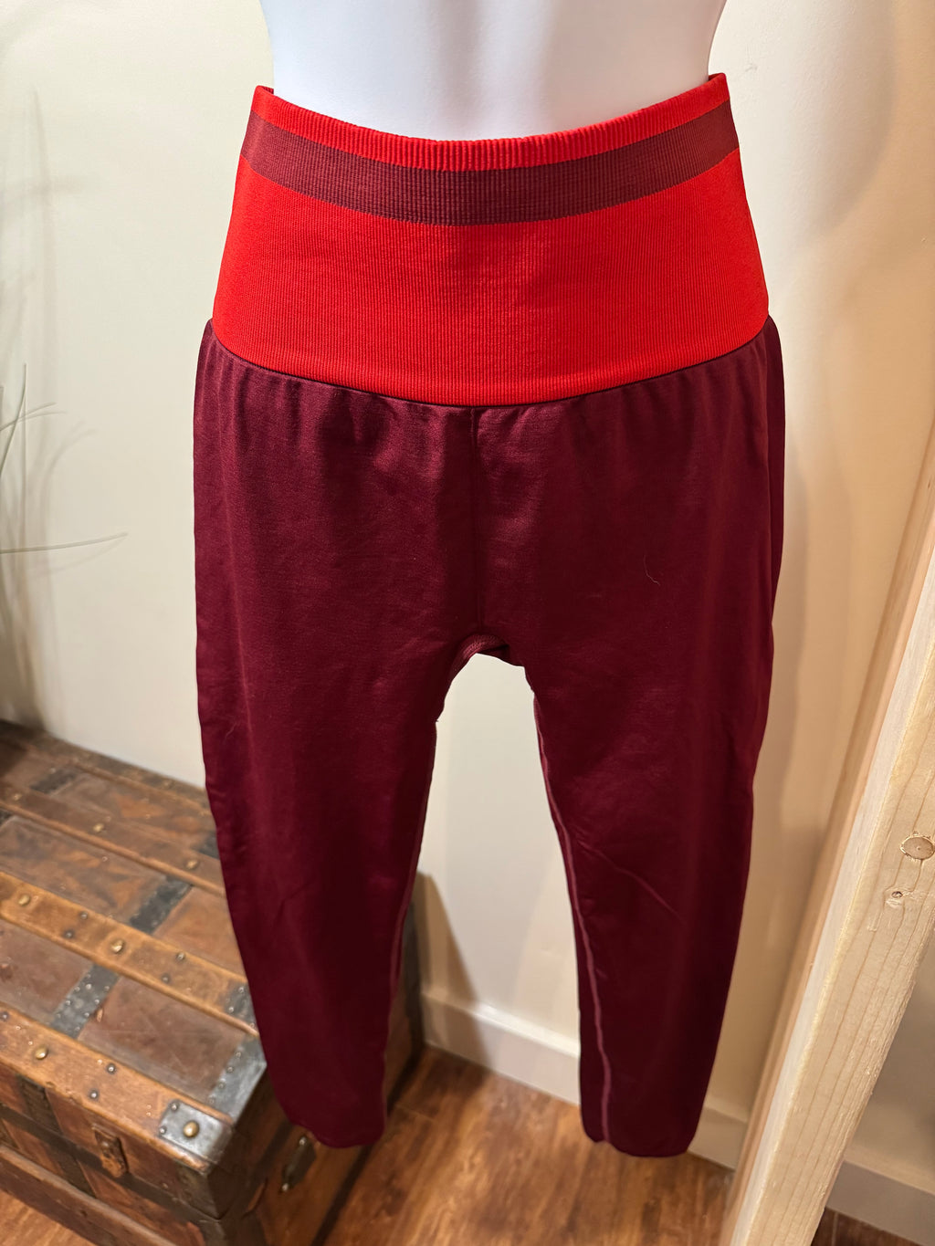 Burgundy Smooth Leggings- Ribbed Coordinating High Waist Band