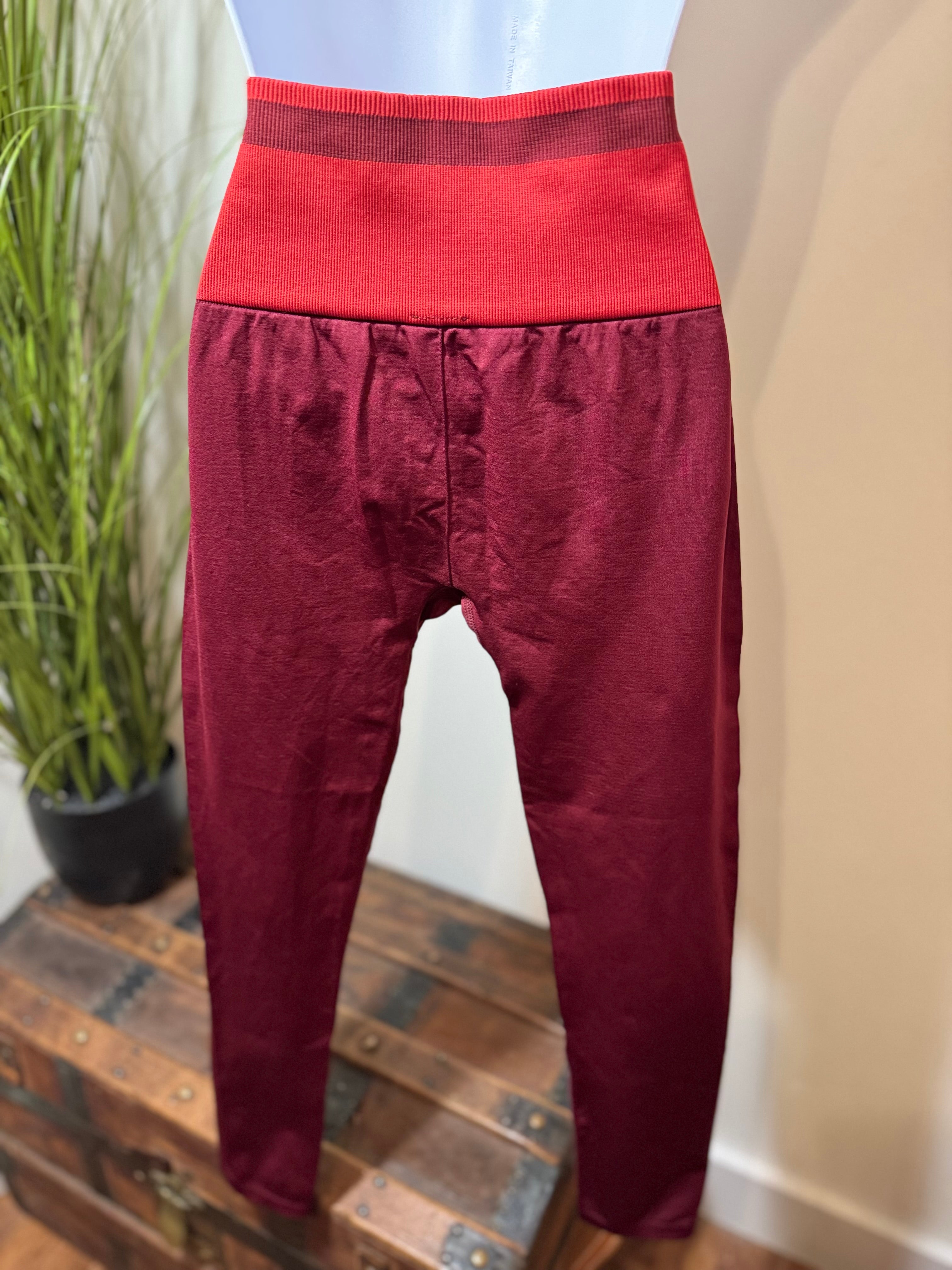 Burgundy Smooth Leggings- Ribbed Coordinating High Waist Band