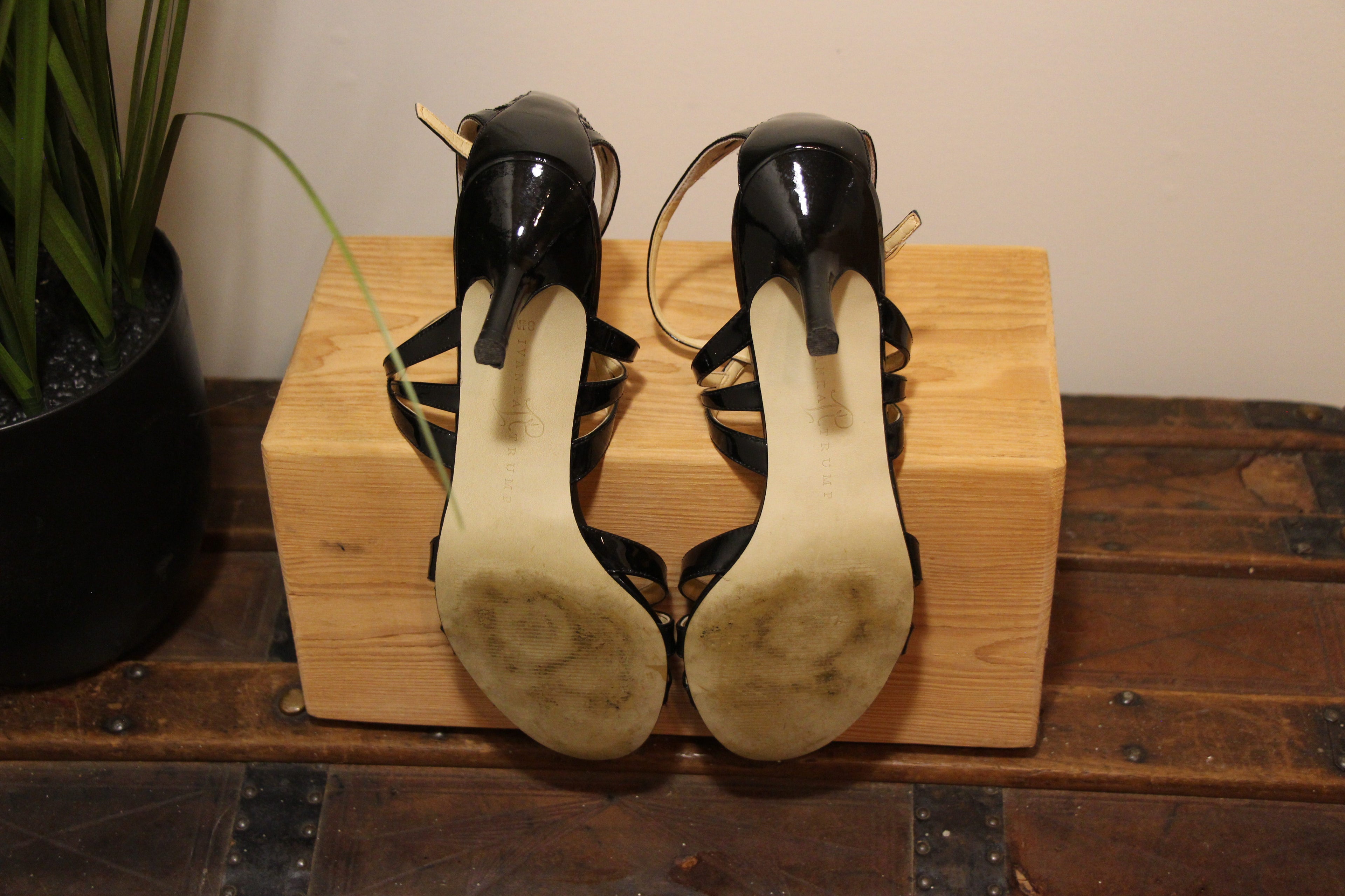 Size 8.5 Ivanka Trump Patent 2 Inch Strappy Open Toed Pumps