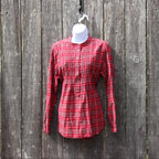 Size 14P Lands' End Red Plaid Mock Neck Button Up Long Sleeve Shirt with Pleated Chest Design Vardo Vintage and Valuables Consignment